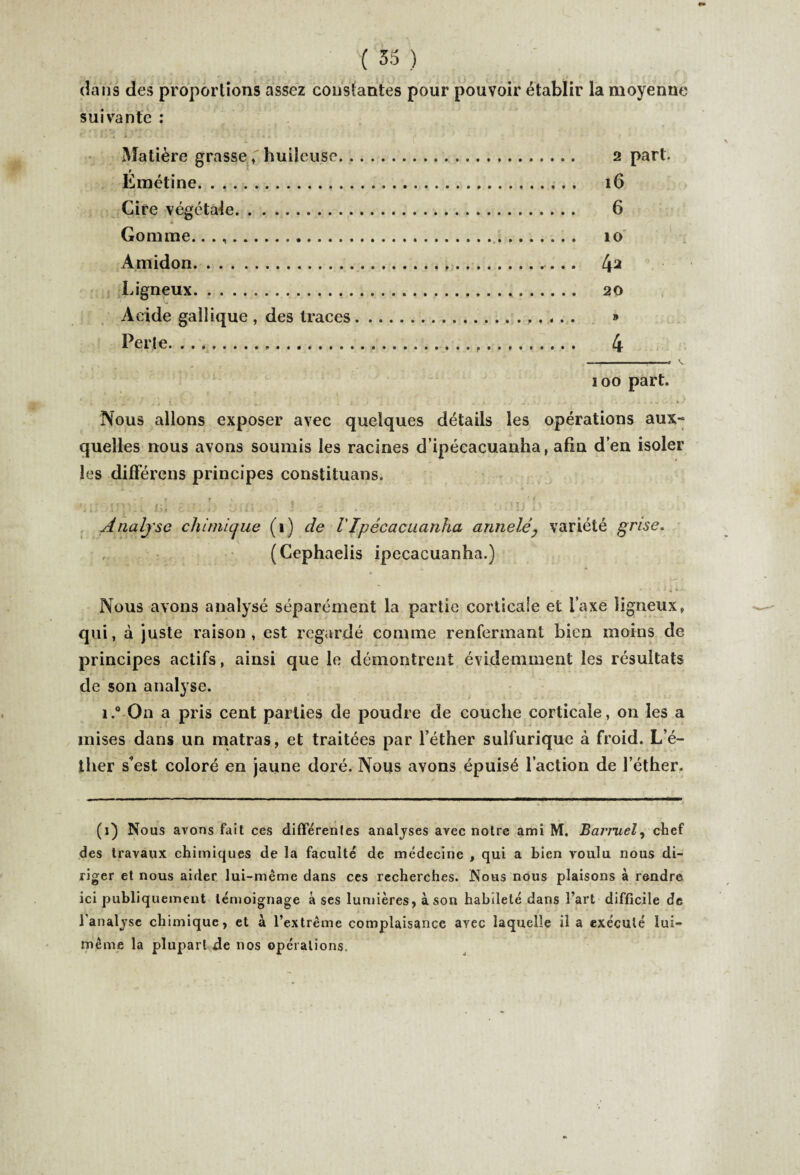 dans des proportions assez constantes pour pouvoir établir la moyenne suivante : Matière grasse , huileuse. 2 part. t Emétine. iG Cire végétale. . . .. 6 Gomme...,. 10 Amidon...... 42 Ligneux. 20 Acide galiique , des traces.. . „. . » Perte. 4 100 part. ‘. c ' : \ ' . j l i. i _ ^ ^j , - 1 < •■*.•*» . > / Nous allons exposer avec quelques détails les opérations aux¬ quelles nous avons soumis les racines d’ipécacuanha, afin d’en isoler les différons principes constituans. Analyse chimique (1) de VIpécacuanha annelé, variété grise. (Cephaelis ipécacuanha.) *- •1 * 'N Nous avons analysé séparément la partie corticale et l’axe ligneux, qui, à juste raison, est regardé comme renfermant bien moins de principes actifs, ainsi que le démontrent évidemment les résultats de son analyse. 1.° On a pris cent parties de poudre de couche corticale, on les a mises dans un matras, et traitées par l’éther sulfurique à froid. L’é¬ ther s’est coloré en jaune doré. Nous avons épuisé l’action de l’éther. (1) Nous avons fait ces différentes analyses avec notre ami M. Barniel^ chef des travaux chimiques de la faculté de médecine , qui a bien voulu nous di¬ riger et nous aider lui-même dans ces recherches. Nous nous plaisons à rendre ici publiquement témoignage à ses lumières, à son habileté dans l’art difficile de l'analyse chimique, et à l’extrême complaisance avec laquelle ü a exécuté lui- même la plupart de nos opérations.