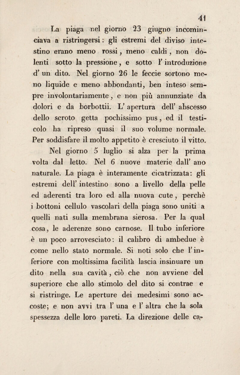 La piaga nel giorno 23 giugno incomin¬ ciava a ristringersi : gli estremi del diviso inte¬ stino erano meno rossi, meno caldi, non do¬ lenti sotto la pressione, e sotto Y introduzione d’ un dito. Nel giorno 26 le feccie sortono me¬ no liquide e meno abbondanti, ben inteso sem¬ pre involontariamente , e non più annunziate da dolori e da borbottìi. L’ apertura dell’ abscesso dello scroto getta pochissimo pus, ed il testi¬ colo ha ripreso quasi il suo volume normale. Per soddisfare il molto appetito è cresciuto il vitto. Nel giorno 5 luglio si alza per la prima volta dal letto. Nel 6 nuove materie dall’ ano naturale. La piaga è interamente cicatrizzata: gli estremi dell’ intestino sono a livello della pelle ed aderenti tra loro ed alla nuova cute, perchè i bottoni cellulo vascolari della piaga sono uniti a quelli nati sulla membrana sierosa. Per la qual cosa, le aderenze sono carnose. Il tubo inferiore è un poco arrovesciato: il calibro di ambedue è come nello stato normale. Si noti solo che l’in¬ feriore con moltissima facilità lascia insinuare un dito nella sua cavità , ciò che non avviene del superiore che allo stimolo del dito si contrae e si ristringe. Le aperture dei medesimi sono ac¬ coste; e non avvi tra 1’ una e Y altra che la sola spessezza delle loro pareti. La direzione delle ca^
