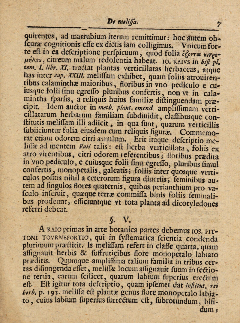 De melijfa. quirentes, ad marrubium iterum remittimur: hoc autem ob- fcurse cognitionis efle ex didis iam colligimus. Vnicum for¬ te eft in ea deferiptione perfpicuum, quod folia c&vtx mtpo- wXqu , citreum malum redolentia habeat, io. raivs in bifi pl, fom. I, libr, XI, tradat plantas verticillatas herbaceas, atque has inter eap, XXlll. meliflam exhibet, quam foliis atrouiren- tibas calaminthte maioribus, floribus in vno pediculo e cu¬ iusque folii finu egreflb pluribus confertis, non vt in cala- mintha fparfis, a reliquis huius familia: diftinguendam prae¬ cipit. Idem audor in metb. piant, emend ampliflimam verti¬ ci! latarum herbarum familiam fubdiuidit, claflibusque con- ftitutis meliflam illi adiicit, in qua funt, quarum verticillis fubiiciuntur folia eiusdem cum reliquis figura:. Commemo¬ rat etiam odorem citri aemulum. Erit itaque deferiptio me- liffae ad mentem Raii talis: eft herba verticillata , foliis ex atro virentibus, citri odorem referentibus; floribus prodita in vno pediculo, e cuiusque folii finu egreflb, pluribus fimul confertis, monopetalis, galeatis; foliis inter quosque verti¬ culos pofitis nihil a ceterorum figura diuerfir, feminibus au¬ tem ad ungulos flores quaternis, quibus perianthium pro va- fculo inferuit, quasque terra: commifla binis foliis feminali¬ bus prodeunt, efficiuntque vt tota planta ad dicotyledones referri debeat. ‘ - _ §■ V. ' ' M A raio primas in arte botanica partes debemus ios, i;it- toni tovrnefortio, qui in fyftematica fcientia condenda plurimum prarftitit. Is meliflam refert in claffe quarta, quam aflignauit herbis & fuffruticibus flore monopetalo labiato praeditis. Quurrique ampliflima talium familia in tribus cer¬ tas difiungendaefiet , melifls locum aflignauit fuum in fedio- ne tertia, earum fcilicet, quarum labium fuperius eredum eft- Eft igitur tota deferiptio, quam ipfemet dat inftim, rei berk p- 193- melifla eft plantae genus flore monopetalo iabia- to, cuius labium fuperius furredum eft, fiibrotundum, bifi¬ dum $