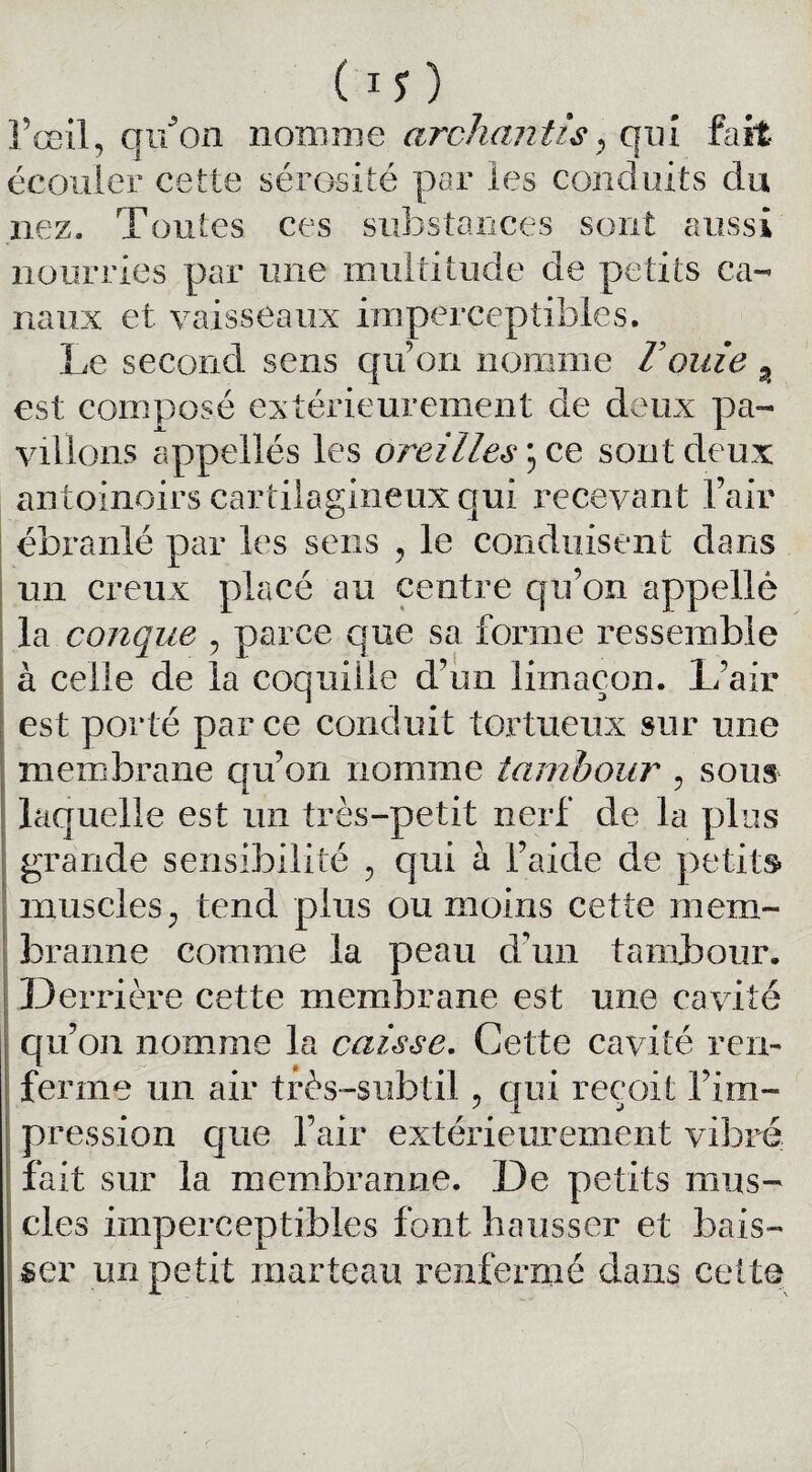 ( IJ ) l’œil, qu’on nomme archantis> qui fait écouler cette sérosité par les conduits du nez. Toutes ces substances sont aussi nourries par une multitude de petits ca¬ naux et vaisseaux imperceptibles. Le second sens qu’on nomme rouie 3 est composé extérieurement de deux pa¬ villons appellés les oreilles \ ce sont deux antoinoirs cartilagineux qui recevant l’air ébranlé par les sens , le conduisent dans un creux placé au centre qu’on appellè la conque , parce que sa forme ressemble à celle de la coquille d’un limaçon. L’air est porté par ce conduit tortueux sur mie membrane qu’on nomme tambour , sous laquelle est un très-petit nerf de la plus grande sensibilité , qui à l’aide de petits» muscles, tend plus ou moins cette mem- branne comme la peau d’un tambour. Derrière cette membrane est une cavité qu’on nomme la caisse. Cette cavité ren¬ ferme un air très-subtil, qui reçoit l’im¬ pression que l’air extérieurement vibré fait sur la membranne. De petits mus¬ cles imperceptibles font hausser et bais¬ ser un petit marteau renfermé dans cette