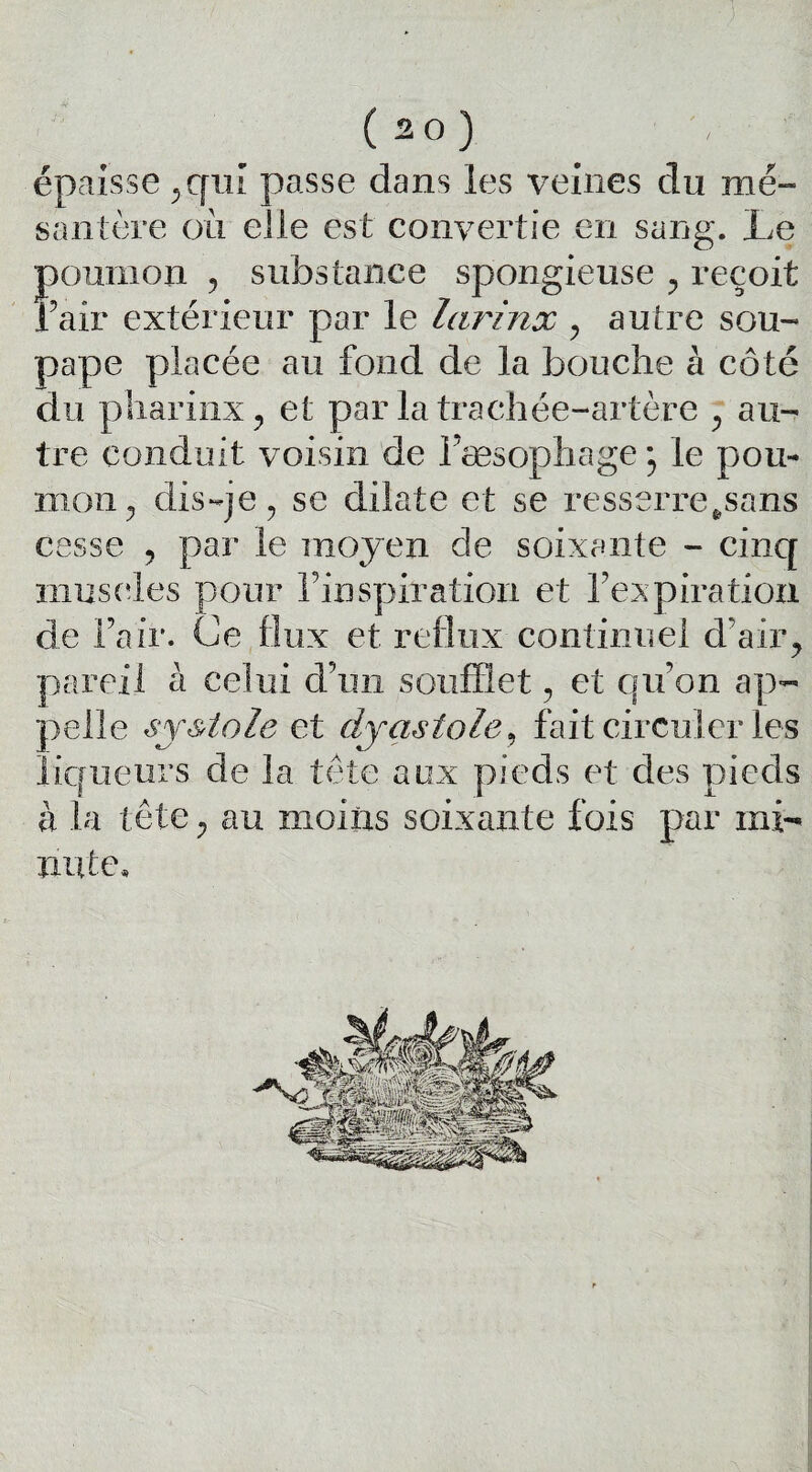 épaisse ^qiu passe dans les veines du me- santère où elle est convertie en sang. Le poumon , substance spongieuse ? reçoit Pair extérieur par le larinx , autre sou¬ pape placée au fond de la bouche à côté du pharinx, et par la trachée-artère y au¬ tre conduit voisin de l’æsophage ; le pou¬ mon 5 dis-je ? se dilate et se resserre#sans cesse ? par le moyen de soixante - cinq muscles pour rinspiration et l’expiration de l’air. Ce flux et reflux continuel d’airy pareil à celui d’un soufflet, et qu’on ap¬ pelle sy&tole et dyastole, fait circuler les liqueurs de la tète aux pieds et des pieds à la tête ; au moins soixante fois par mi- nu