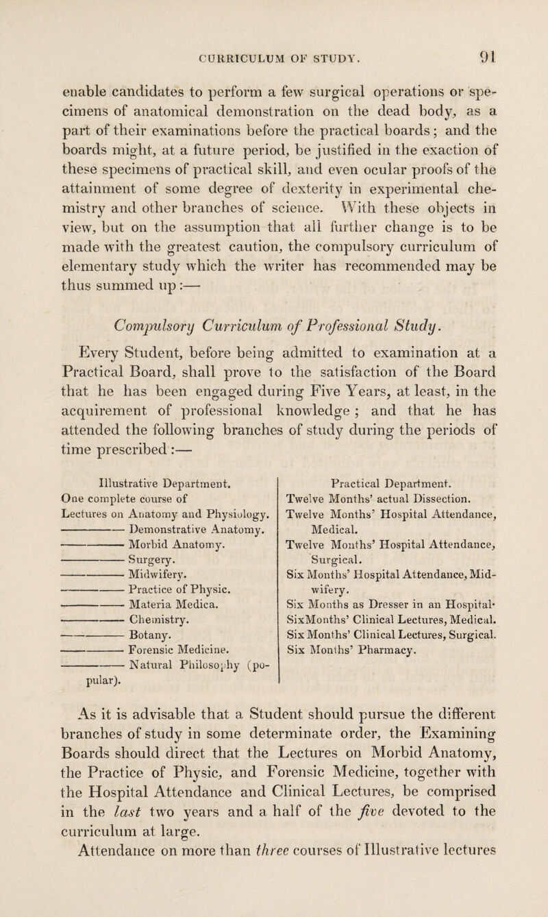 enable candidates to perform a few surgical operations or spe¬ cimens of anatomical demonstration on the dead body, as a part of their examinations before the practical boards; and the boards might, at a future period, be justified in the exaction of these specimens of practical skill, and even ocular proofs of the attainment of some degree of dexterity in experimental che¬ mistry and other branches of science. With these objects in view, but on the assumption that all further change is to be made with the greatest caution, the compulsory curriculum of elementary study which the writer has recommended may be thus summed up :— Compulsory Curriculum of Professional Study. Every Student, before being admitted to examination at a Practical Board, shall prove to the satisfaction of the Board that he has been engaged during Five Years, at least, in the acquirement of professional knowledge ; and that he has attended the following branches of study during the periods of time prescribed :— Illustrative Department. One complete course of Lectures on Anatomy and Physiology. -Demonstrative Anatomy. -Morbid Anatomy. -Surgery. -Midwifery. -Practice of Physic. --Materia Medica. •-Chemistry. ----Botany. -- Forensic Medicine. --Natural Philosophy (po¬ pular). Practical Department. Twelve Months’ actual Dissection. Twelve Months’ Hospital Attendance, Medical. Twelve Mouths’ Hospital Attendance, Surgical. Six Months’ Hospital Attendance, Mid¬ wifery. Six Months as Dresser in an Hospital* SixMonths’ Clinical Lectures, Medical. Six Months’ Clinical Lectures, Surgical. Six Months’ Pharmacy. As it is advisable that a Student should pursue the different branches of study in some determinate order, the Examining Boards should direct that the Lectures on Morbid Anatomy, the Practice of Physic, and Forensic Medicine, together with the Hospital Attendance and Clinical Lectures, be comprised in the last two years and a half of the five devoted to the curriculum at large. Attendance on more than three courses of Illustrative lectures