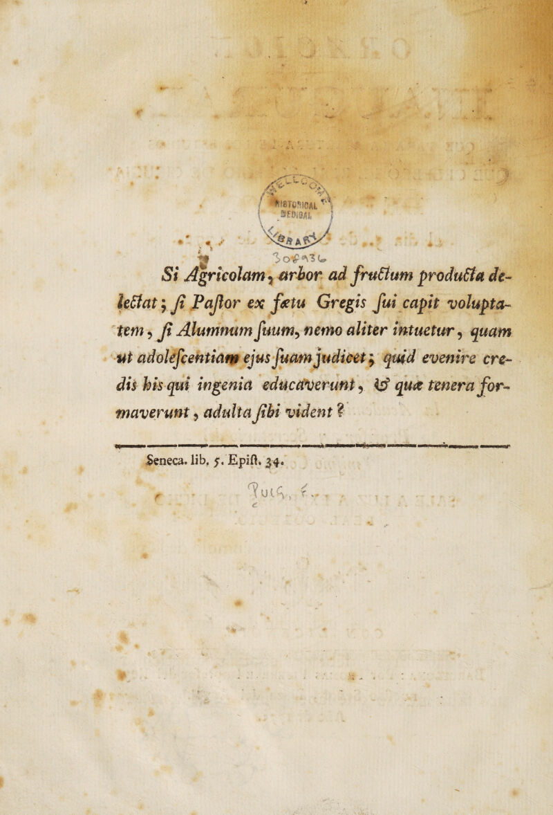 ¿OlP-VSU • > ietfat‘r Ji Pajtor ex feetu Gregis fui capit volupta- tem, /? Álumnum fuum, wemo aliter intuetur, <¡r#am wí adolefcentiam ejus fuamjudicet; quid evenire cre¬ áis his qui ingenia educaverunt, is? qute teñera for- maverunt, adulta Jibi vident ? -IflUIW ■ l . ■■■■ pi'i I, > .. Seneca. lib, 5, Epiíi. 34.