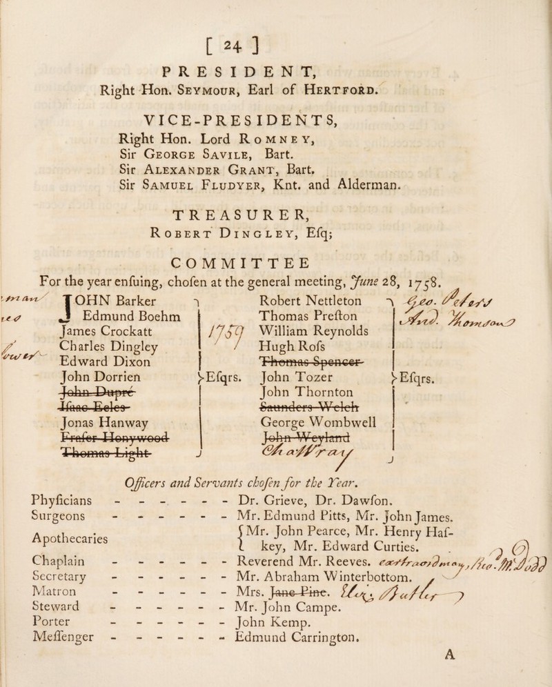 [ 2+ ] PRESIDENT, Right Hon. Seymour, Earl of Hertford. VICE-PRESIDENTS, Right Hon. Lord Romney, Sir George Savile, Bart. Sir Alexander Grant, Bart. Sir Samuel Fludyer, Knt. and Alderman. TREASURER, Robert Dingley, Efq; COMMITTEE For the year enfuing, chofen at the general meeting, 'June 28, 1758. 1£ <7 {Cu/t.y j OHN Barker Edmund Boehm James Crockatt Charles Dingley Edward Dixon John Dorrien JahirXteppe- Ifimo-Eeles- Jonas Hanway Frefer Honywood- Thomas-Light 17*1 j>Efqrs. J Robert Nettleton Thomas Prefton William Reynolds Hugh Rofs T-h-omas -Spencer- John Tozer John Thornton Saunders Welch George Wombwell John We viand ev zYJ X j>Efqrs. j Phyficians Surgeons Apothecaries Chaplain Secretary Matron Steward Porter Meffenger Officers and Servants chofen for the Tear. - Dr. Grieve, Dr. Dawfon. - - - - - Mr. Edmund Pitts, Mr. John James. j Mr. John Pearce, Mr. Henry Haf- 1 key, Mr. Edward Curties. ----- Reverend Mr. Reeves, earffratrfd ----- Mr. Abraham Winterbottom. > - - - - - Mrs. ff}afuy - - - - Mr. John Campe. ----- John Kemp. - - - - - Edmund Carrington. (?) ), r 7 A