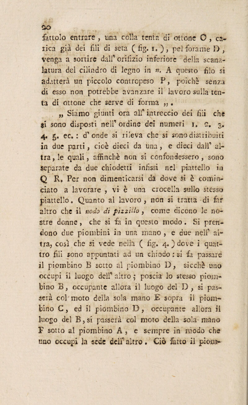 ÙQ u ' . *• , . „ ' ^ fattolo entrare , una cella tenta di ottone O , ca¬ rica già dei fili di seta ( fig. i. ) , pel forame D , venga a sortire dall* orifizio inferiore della scana¬ latura del cilindro di legno in n. A questo filo si adatterà un piccolo contropeso F, poiché senza di esso non potrebbe avanzare il lavoro sulla ten¬ ta di ottone che serve di forma „ . „ Siamo giunti ora all'' intreccio dei fili che si sono disposti nelf ordine dei numeri i. 2. 3, 4. 5. ec* : ds onde si rileva che si sono distribuiti in due parti, cioè dieci da una , e dieci dalf al¬ tra, le quali, affinchè non si confondessero , sono separate da due chiodetti infissi nel piattello in Q R6 Per non dimenticarsi da dove si è comin¬ ciato a lavorare , vi è una croccila sullo stesso piattello. Quanto al lavoro, non si tratta di far altro che il nodo di pizzitto, come dicono le no¬ stre donne, che si fa in questo modo. Si pren¬ dono due piombini in una mano , e due nelf al¬ tra, così che si vede nella ( fig, 4, ) dove 1 quat¬ tro fili sono appuntati ad un chiodo : si fa passare il piombino B sotto al piombino D, sicché uno occupi il luogo delT altro ,* poscia lo stesso piom¬ bino B, occupante allora il luogo del D, si pas¬ serà col moto della sola mano E sopra il piom¬ bino C, ed il piombino D, occupante allora il luogo del B,si passerà col moto della sola mano F sotto al piombino A , e sempre in modo che mio occupi la sede delfaltro. Ciò fatto il pioni-