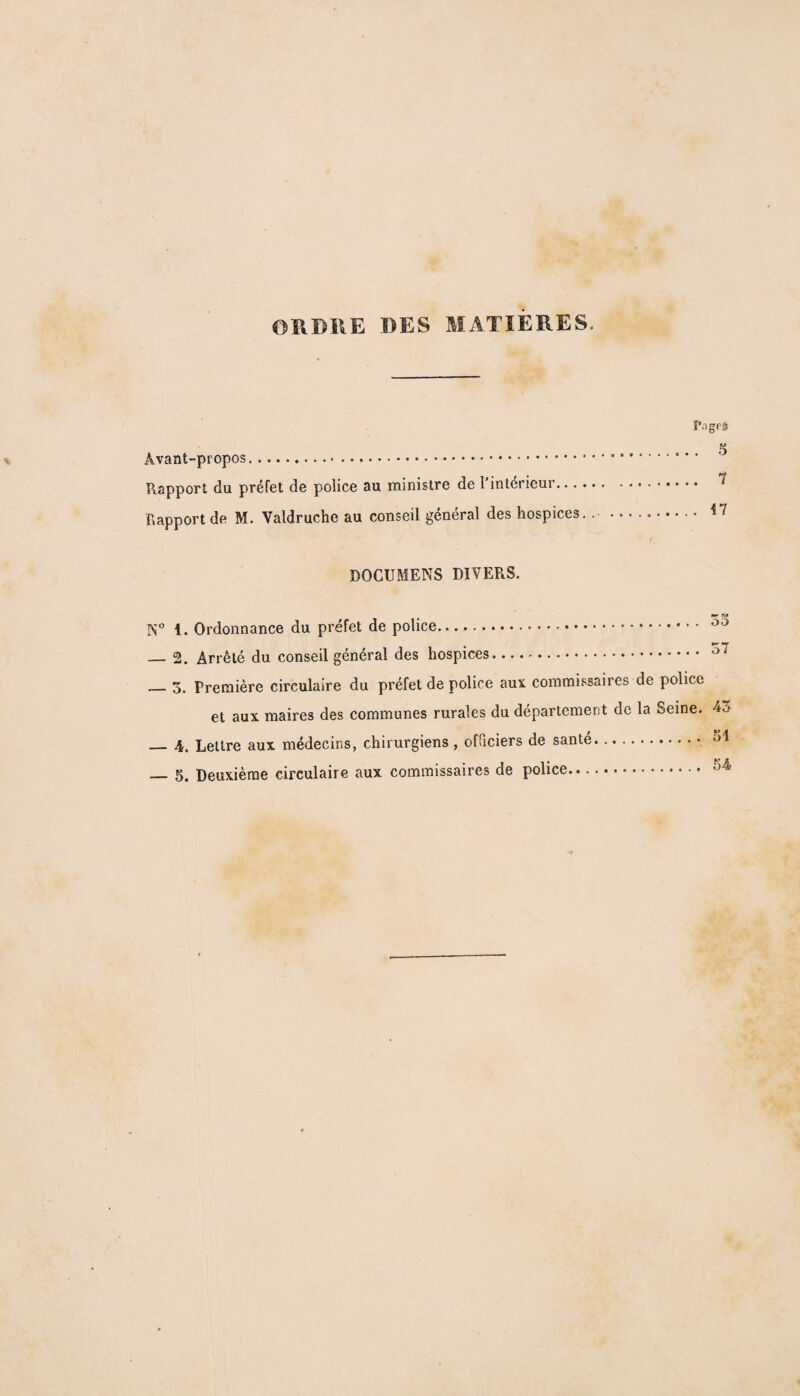 ORDRE DES MATIERES. Pages 5 Avant-propos. Rapport du préfet de police au ministre de 1 mterieui. ^ Rapport de M. Valdruche au conseil général des hospices.. ... f7 DOCUMENS DIVERS. TC ** N° 1. Ordonnance du préfet de police. °° — 2. Arrêté du conseil général des hospices. oi _3. Première circulaire du préfet de police aux commissaires de police et aux maires des communes rurales du département de la Seine. 4o — A. Lettre aux médecins, chirurgiens, officiers de santé. — 5. Deuxième circulaire aux commissaires de police. °4