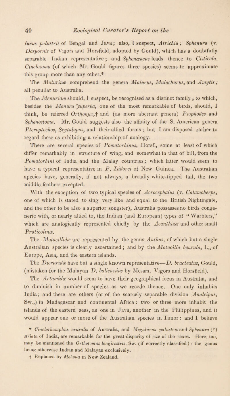 lurus palustris of Bengal and Java; also, I suspect, Atrichia; Sphenura (v. Dasyornis of Vigors and Horsfield, adopted by Gould), which has a doubtfully separable Indian representative ; and Sphenceacus leads thence to Cisticola. Cinclosoma (of which Mr. Gould figures three species) seems to approximate this group more than any other.* The Malurinoc comprehend the genera Malurus, Malachurus9 and Amytis; all peculiar to Australia. The Menuridce should, I suspect, be recognised as a distinct family ; to which, besides the Menura *superba, one of the most remarkable of birds, should, I think, be referred Orthonyx,;[ and (as more aberrant genera) Psuphodes and Sphenostoma. Mr. Gould suggests also the affinity of the S. American genera Pteroptochos, Scytalopus, and their allied forms ; but I am disposed rather to regard these as exhibiting a relationship of analogy. There are several species of Pomatorhinus, Horsf., some at least of which differ remarkably in structure of wing, and somewhat in that of bill, from the Pomatorhini of India and the Malay countries; which latter would seem to have a typical representative in P. Isidorei of New Guinea. The Australian species have, generally, if not always, a broadly white-tipped tail, the two middle feathers excepted. With the exception of two typical species of Acrocephalus (v. Calamoherpet one of which is stated to sing very like and equal to the British Nightingale, and the other to be also a superior songster), Australia possesses no birds conge¬ neric with, or nearly allied to, the Indian (and European) types of “ Warblers,” which are analogically represented chiefly by the Acanthizce and other small Praticolince. The Motacillidce are represented by the genus Anthus, of wffiich but a single Australian species is clearly ascertained; and by the Motacilla bourula, L., of Europe, Asia, and the eastern islands. The Dicruridce have but a single known representative—D. bracteatus, Gould, (mistaken for the Malayan D. balicassius by Messrs. Vigors and Horsfield). The Artamidce would seem to have their geographical focus in Australia, and to diminish in number of species as we recede thence. One only inhabits India; and there are others (or of the scarcely separable division Analcipus, Sw.,) in Madagascar and continental Africa : two or three more inhabit the islands of the eastern seas, as one in Java, another in the Philippines, and it would appear one or more of the Australian species in Timor : and I believe * Cinelorhav+phus cruralis of Australia, and Megalurus palustris and Sphenura (?) striata of India, are remarkable for the great disparity of size of the sexes. Here, too, may be mentioned the Orthotomus longirostris, Sw. (if correctly classified): the genus being otherwise Indian and Malayan exclusively. t Replaced by Mohoua in New Zealand.