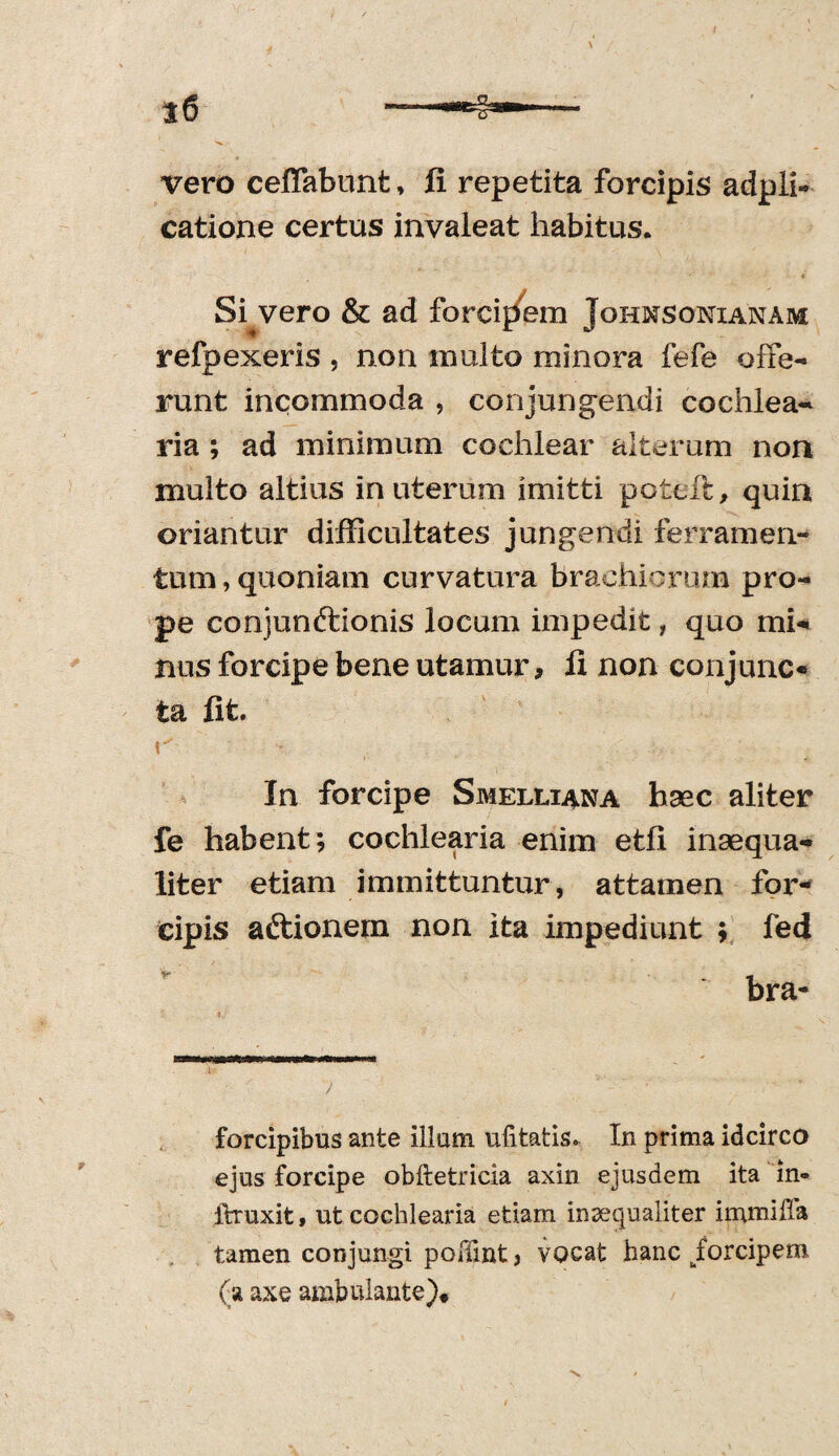 vero ceffabunt, fi repetita forcipis adpli- catione certus invaleat habitus. Severo & ad forcipem Johnsonianam refpexeris , non multo minora fefe offe¬ runt incommoda , conjungendi cochlea¬ ria ; ad minimum cochlear alterum non multo altius in uterum imitti potcft, quin oriantur difficultates jungendi ferramen¬ tum , quoniam curvatura brachiorum pro¬ pe conjunftionis locum impedit, quo mi¬ nus forcipe bene utamur, fi non conjunc¬ ta fit. In forcipe Smelliana haec aliter fe habent; cochlearia enim etfi inaequa¬ liter etiam immittuntur, attamen for¬ cipis adtionem non ita impediunt ; fed bra- forcipibus ante illam alitatis. In prima idcirco ejus forcipe obftefcricia axin ejusdem ita in» ftruxit, ut cochlearia etiam inaequaliter immiffa tamen conjungi poffint, vocat hanc uforcipem (a axe ambulante)*