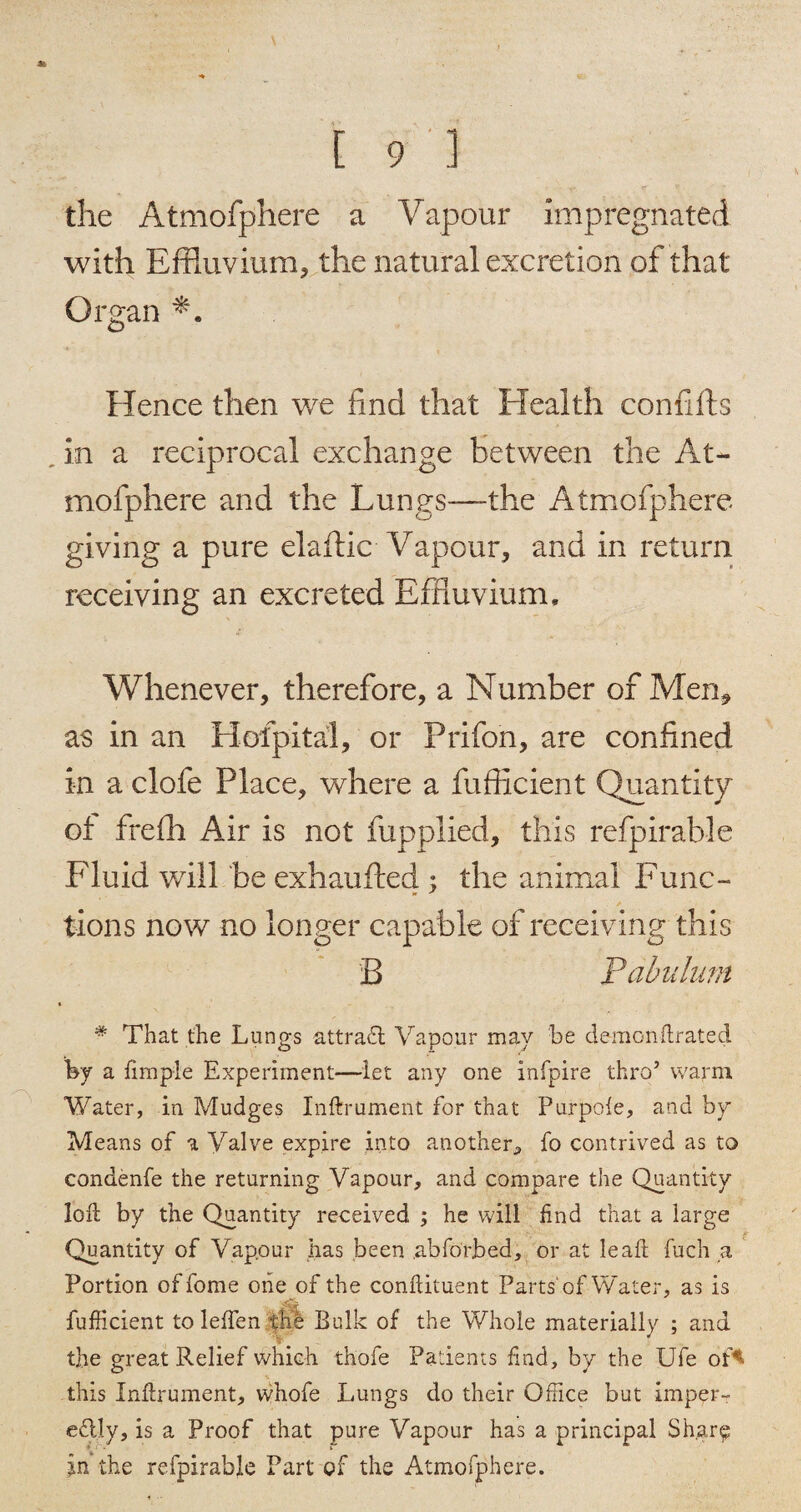 the Atmofphere a Vapour impregnated with Effluvium, the natural excretion of that Organ Hence then we find that Health confifts in a reciprocal exchange between the At¬ mofphere and the Lungs-—the Atmofphere giving a pure elaftic Vapour, and in return receiving an excreted Effluvium. Whenever, therefore, a Number of Men* as in an Hofpital, or Prifon, are confined in a clofe Place, where a fufficient Quantity of freih Air is not fupplied, this refpirable Fluid will be exhaufted.; the animal Func¬ tions now no longer capable of receiving this B Pabulum * That the Lungs attrafl Vapour may be demon ftrated hy a fimple Experiment—let any one infpire thro’ warm Water, in Mudges Inftrument for that Purpole, and by Means of a Valve expire into another, fo contrived as to condenfe the returning Vapour, and compare the Quantity loft by the Quantity received ; he will find that a large Quantity of Vapour has been ab{orbed, or at leaft fuch a Portion of fome one of the conftituent Parts'of Water, as is fufficient to leffen thb Bulk of the Whole materially ; and the great Relief which thofe Patients find, by the Ufe oV this Inftrument, whofe Lungs do their Office but imper- e£Uy, is a Proof that pure Vapour has a principal Sh.aro jn the refpirable Part of the Atmofphere.