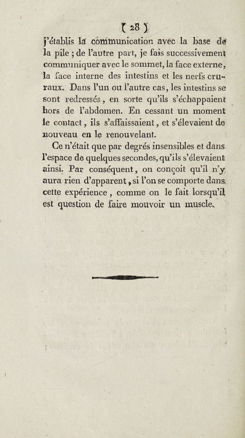 j’établis lâ cotàînumcatiou avec la base dé la pile ) de l’autre part, je fais successivement communiquer avec le sommet, la face externe, la face interne des intestins et les nerfs cru¬ raux. Dans l’un ou Fautre cas, les intestins se sont redressés, en sorte qu’ils s’échappaient hors de Fabdomen. En cessant un moment le contact, ils s’affaissaient, et s’élevaient de nouveau en le renouvelant. Ce n’était que par degrés insensibles et dans l’espace de quelques secondes, qu’ils s’élevaient ainsi. Par conséquent, on conçoit qu’il n*y aura rien d’apparent, si l’on se comporte dans cette expérience , comme on le fait lorsqu’il est question de faire mouvoir un muscle,,
