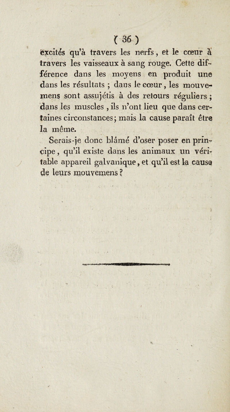 excités qu9à travers les nerfs, et le cœur à travers les vaisseaux à sang rouge. Cette dif¬ férence dans les moyens en produit une dans les résultats ; dans le coeur, les mouve- men§ sont assujétis à des retours réguliers ; dans les muscles , ils n’ont lieu que dans cer¬ taines circonstances ; mais la cause paraît être la même. Serais-je donc blâmé d’oser poser en prin^ çipe, qu’il existe dans les animaux un véri¬ table appareil galvanique, et qu’il est la cause de leurs mouvemens ? i