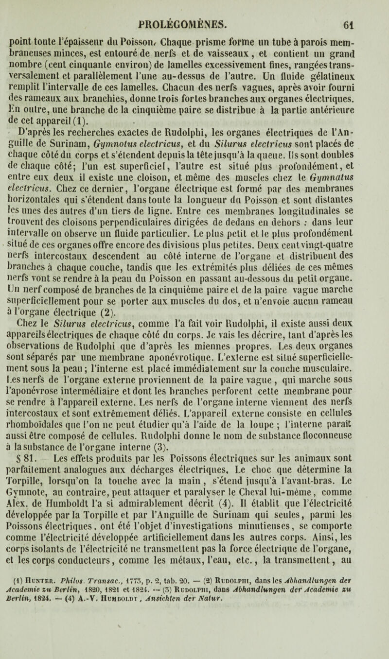 point toute l’épaisseur du Poisson/ Chaque prisme forme un tube à parois mem¬ braneuses minces, est entouré de nerfs et de vaisseaux, et contient un grand nombre (cent cinquante environ) de lamelles excessivement fines, rangées trans¬ versalement et parallèlement l’une au-dessus de l’autre. Un fluide gélatineux remplit l’intervalle de ces lamelles. Chacun des nerfs vagues, après avoir fourni des rameaux aux branchies, donne trois fortes branches aux organes électriques. En outre, une branche de la cinquième paire se distribue à la partie antérieure de cet appareil (1). D’après les recherches exactes de Rudolphi, les organes électriques de l’An¬ guille de Surinam, Gymnotus electricus, et du Silurus eleclricus sont placés de chaque côté du corps et s’étendent depuis la tête jusqu’à la queue. Ils sont doubles de chaque côté; l’un est superficiel, l’autre est situé plus profondément, et entre eux deux il existe une cloison, et même des muscles chez le Gymnatus electricus. Chez ce dernier, l’organe électrique est formé par des membranes horizontales qui s’étendent dans toute la longueur du Poisson et sont distantes les unes des autres d’un tiers de ligne. Entre ces membranes longitudinales se trouvent des cloisons perpendiculaires dirigées de dedans en dehors : dans leur intervalle on observe un fluide particulier. Le plus petit et le plus profondément situé de ces organes olfre encore des divisions plus petites. Deux cent vingt-quatre nerfs intercostaux descendent au côté interne de l’organe et distribuent des branches à chaque couche, tandis que les extrémités plus déliées de ces mêmes nerfs vont se rendre à la peau du Poisson en passant au-dessous du petit organe. Un nerf composé de branches de la cinquième paire et de la paire vague marche superficiellement pour se porter aux muscles du dos, et n’envoie aucun rameau à l’organe électrique (2). Chez le Silurus electricus, comme l’a fait voir Rudolphi, il existe aussi deux appareils électriques de chaque côté du corps. Je vais les décrire, tant d’après les observations de Rudolphi que d’après les miennes propres. Les deux organes sont séparés par une membrane aponévrotique. L’externe est situé superficielle¬ ment sous la peau ; l’interne est placé immédiatement sur la couche musculaire. Les nerfs de l’organe externe proviennent de la paire vague , qui marche sous l’aponévrose intermédiaire et dont les branches perforent cette membrane pour se rendre à l’appareil externe. Les nerfs de l’organe interne viennent des nerfs intercostaux et sont extrêmement déliés. L’appareil externe consiste en cellules rhomboidales que l’on ne peut étudier qu’à l’aide de la loupe; l’interne parait aussi être composé de cellules. Rudolphi donne le nom de substance floconneuse à la substance de l’organe interne (3). S 81. — Les effets produits par les Poissons électriques sur les animaux sont parfaitement analogues aux décharges électriques. Le choc que détermine la Torpille, lorsqu’on la touche avec la main, s’étend jusqu’à l’avant-bras. Le Gymnote, au contraire, peut attaquer et paralyser le Cheval lui-même, comme Alex, de Humboldt l’a si admirablement décrit (4). Il établit que l’électricité développée par la Torpille et par l’Anguille de Surinam qui seules, parmi les Poissons électriques, ont été l’objet d’investigalions minutieuses, se comporte comme l’électricité développée artificiellement dans les autres corps. Ainsi, les corps isolants de l’électricité ne transmettent pas la force électrique de l’organe, et les corps conducteurs, comme les métaux, l’eau, etc., la transmettent, au (1) Hunter. Philos. Transac., 1773, p. 2, tab. 20. — (2) Rudolphi, dans les Abhandlungen der Academie zu Berlin, 1820, 1821 et 1824. — (3) Rudolphi, dans Abhandlungen der Academie zu Berlin, 1824. — (4) A.-V. Humdoldt , Ansichten der Natur.