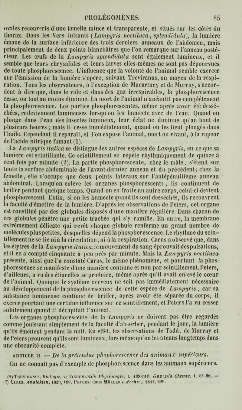 ovales recouverts d’une lamelle mince et transparente, et situés sur les côlés du thorax. Dans les Vers luisants (Lampyris noctiluca, splendidulci), la lumière émane de la surface inférieure des trois derniers anneaux de l’abdomen, mais principalement de deux points blanchâtres que l’on remarque sur l’anneau posté¬ rieur. Les œufs de la Lampyris splendidula sont également lumineux, et il semble que leurs chrysalides et leurs larves elles-mêmes ne sont pas dépourvues de toute phosphorescence. L’influence que la volonté de l’animal semble exercer sur l’émission de la lumière s'opère, suivant Treviranus, au moyen de la respi¬ ration. Tous les observateurs, à l’exception de Macarlney et de Murray, s’accor¬ dent à dire que, dans le vide et dans des gaz irrespirables, la phosphorescence cesse, ou toulau moins diminue. La mort de l’animal n’anéantit pas complètement la phosphorescence. Les parties phosphorescentes, même après avoir été dessé¬ chées, redeviennent lumineuses lorsqu’on les humecte avec de l’eau. Quand on plonge dans l’eau des Insectes lumineux, leur éclat ne diminue qu’au bout de plusieurs heures ; mais il cesse immédiatement, quand on les lient plongés dans l’huile. Cependant il reparaît, si l'on expose l’animal, mort ou vivant, à la vapeur de l’acide nitrique fumant (1). La Lampyris ilalica se distingue des autres espèces de Lampyris, en ce que sa lumière est scintillante. Ce scintillement sc répète rhythmiquement de quinze à cent fois par minute (2). La partie phosphorescente, chez le mâle, s’étend sur toute la surface abdominale de l’avant-dernier anneau et du précédent} chez la femelle, elle n’occupe que deux points latéraux sur l'antépénultième anneau abdominal. Lorsqu’on enlève les organes phosphorescents, ils continuent de briller pendant quelque temps. Quand on en frolteun autre corps, celui-ci devient phosphorescent. Enfin, si on les humecte quand ils sont desséchés, ils recouvrent la faculté d’émettre de la lumière. D’après les observations de Peters, cet organe est constitué par des globules disposés d’une manière régulière. Dans chacun de ces globules pénètre une petite trachée qui s’y ramifie. En outre, la membrane extrêmement délicate qui revêt chaque globule renferme un grand nombre de molécules plus petites, desquelles dépend la phosphorescence. Le rhythmedu scin¬ tillement ne se lieniàla circulation, ni à la respiration. Carus a observé que, dans les élytres de la Lampyris italica,le mouvement du sang éprouvait despulsations, et il en a compté cinquante à peu près par minute. Mais la Lampyris noctiluca présente, ainsi que l’a constaté Carus, le même phénomène, et pourtant la phos¬ phorescence se manifeste d’une manière continue et non par scintillement. Peters, d’ailleurs, a vu des étincelles se produire, même après qu’il avait enlevé le cœur de l’animal. Quoique le système nerveux ne soit pas immédiatement nécessaire au développement de la phosphorescence de celle espèce de Lampyris , car sa substance lumineuse continue de briller, après avoir été séparée du corps, il exerce pourtant une certaine influence sur ce scintillement, et Peters l’a vu cesser subitement quand il décapitait l’animal. Les organes phosphorescents de la Lampyris ne doivent pas être regardés comme jouissant simplement de la faculté d’absorber, pendant le jour, la lumière qu’ils émettent pendant la nuit. Eli effet, les observations de Todd, de Murray et de Peters prouvent qu’ils sont lumineux, lors même qu'on les a tenus longtemps dans une obscurité complète. article u. — De la prétendue phophoretcence des animaux supérieurs. On ne connaît pas d’exemple de phosphorescence dans les animaux supérieurs. (I)Trevip.anus, Biologie, v; Tiedemans’s Physiologie, !, 488-.N10, ùmem.n’s Chemie, I, 81-86.— ~) Caris, Analeklen, 1820, 160: Peters.- dans Müller? Archiv., 1841, 220.