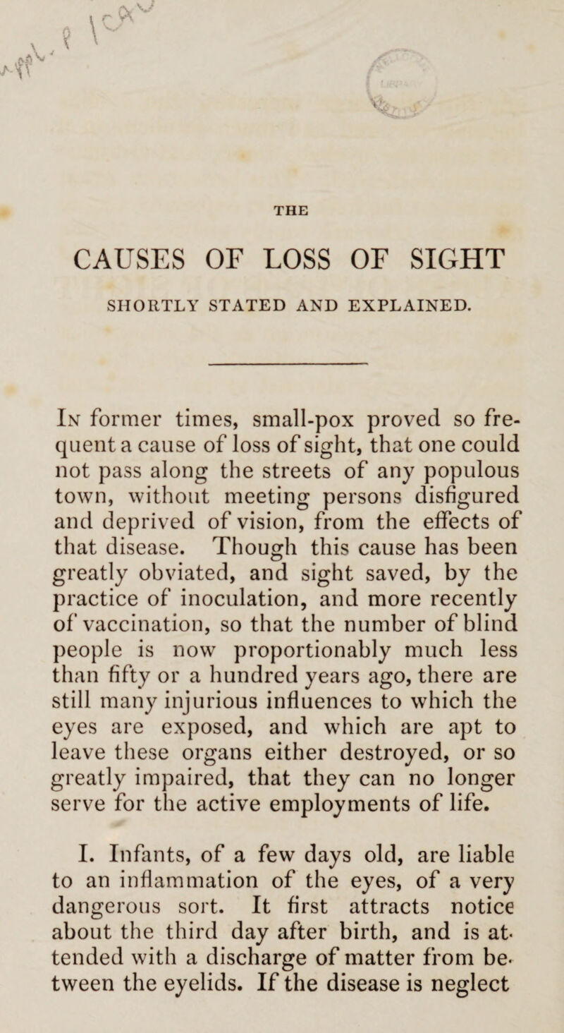 CAUSES OF LOSS OF SIGHT SHORTLY STATED AND EXPLAINED. In former times, small-pox proved so fre¬ quent a cause of loss of sight, that one could not pass along the streets of any populous town, without meeting persons disfigured and deprived of vision, from the effects of that disease. Though this cause has been greatly obviated, and sight saved, by the practice of inoculation, and more recently of vaccination, so that the number of blind people is now proportionably much less than fifty or a hundred years ago, there are still many injurious influences to which the eyes are exposed, and which are apt to leave these organs either destroyed, or so greatly impaired, that they can no longer serve for the active employments of life. I. Infants, of a few days old, are liable to an inflammation of the eyes, of a very dangerous sort. It first attracts notice about the third day after birth, and is at¬ tended with a discharge of matter from be- tween the eyelids. If the disease is neglect