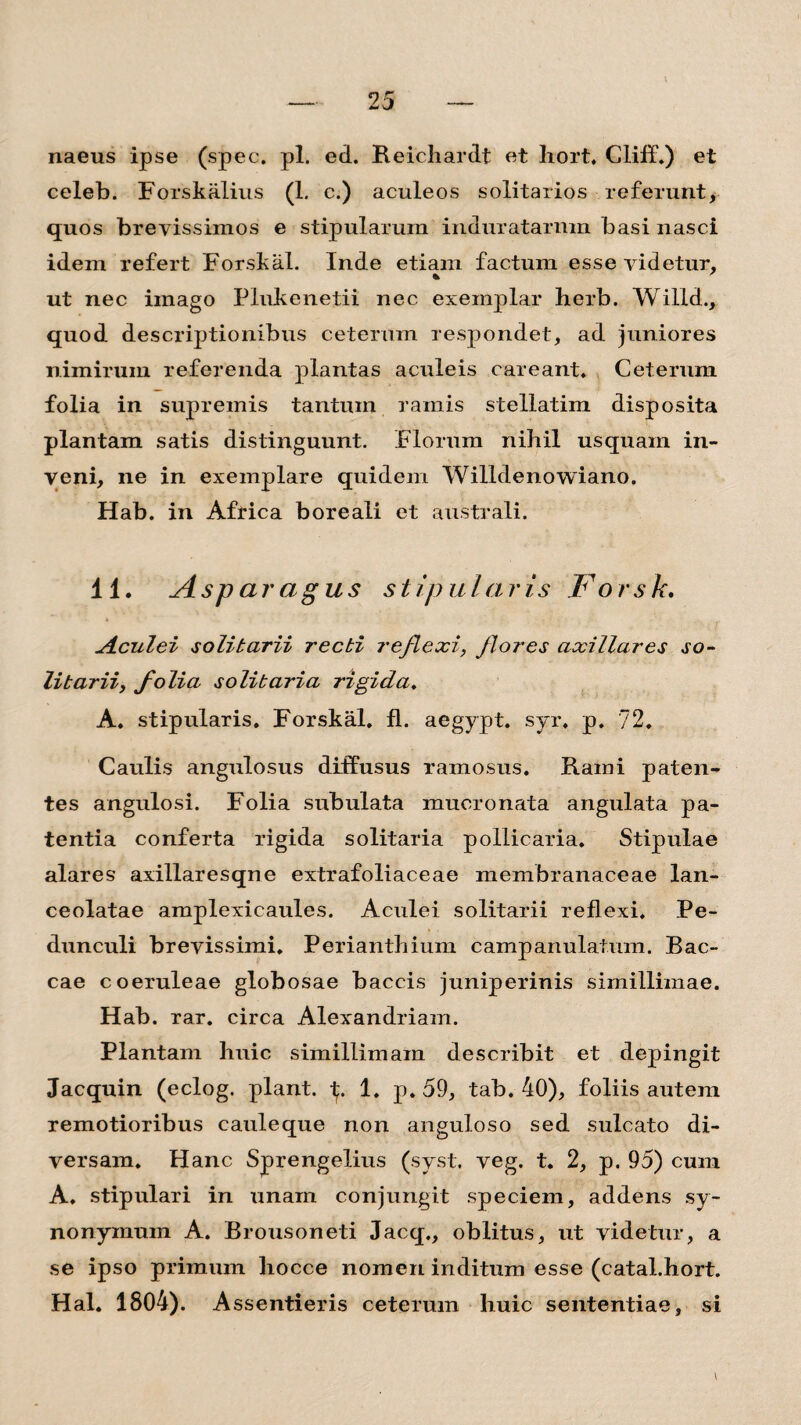 naeus ipse (spec. pl. ed. Reichardt et hort, Cliff.) et celeb. Forskalius (1. c.) aculeos solitarios referunt> quos brevissimos e stipularum induratarum basi nasci idem refert Forskal. Inde etiam factum esse videtur, ut nec imago Plnkenetii nec exemplar herb. Willd., quod descriptionibus ceterum respondet, ad juniores nimirum referenda plantas aculeis careant. Ceterum folia in supremis tantum ramis stellatim disposita plantam satis distinguunt. Florum nihil usquam in¬ veni, ne in exemplare quidem Willdenowiano. Hab. in Africa boreali et australi. 11. Asparagus stipularis Forsk. Aculei solitarii recti ?'e flexi, flores axillares so¬ litarii, folia solitaria rigida. A. stipularis. Forskal. fl. aegypt. syr, p. 72. Caulis angulosus diffusus ramosus. Rami paten¬ tes angulosi. Folia subulata mucronata angulata pa¬ tentia conferta rigida solitaria pollicaria. Stipulae alares axillaresqne extrafoliaceae membranaceae lan- ceolatae amplexicaules. Aculei solitarii reflexi. Pe¬ dunculi brevissimi. Perianthium campanulatum. Bac- cae coeruleae globosae baccis juniperinis simillimae. Hab. rar. circa Alexandriani. Plantam huic simillimam describit et depingit Jacquin (eclog. piant. 1. p. 59, tab. 40), foliis autem remotioribus cauleque non anguloso sed sulcato di¬ versam. Hanc Sprengelius (syst. veg. t. 2, p. 95) cum A. stipulari in unam conjungit speciem, addens sy¬ nonymum A. Brousoneti Jacq., oblitus, ut videtur, a se ipso primum liocce nomen inditum esse (catal.hort. Hal. 1804). Assentieris ceterum huic sententiae, si \