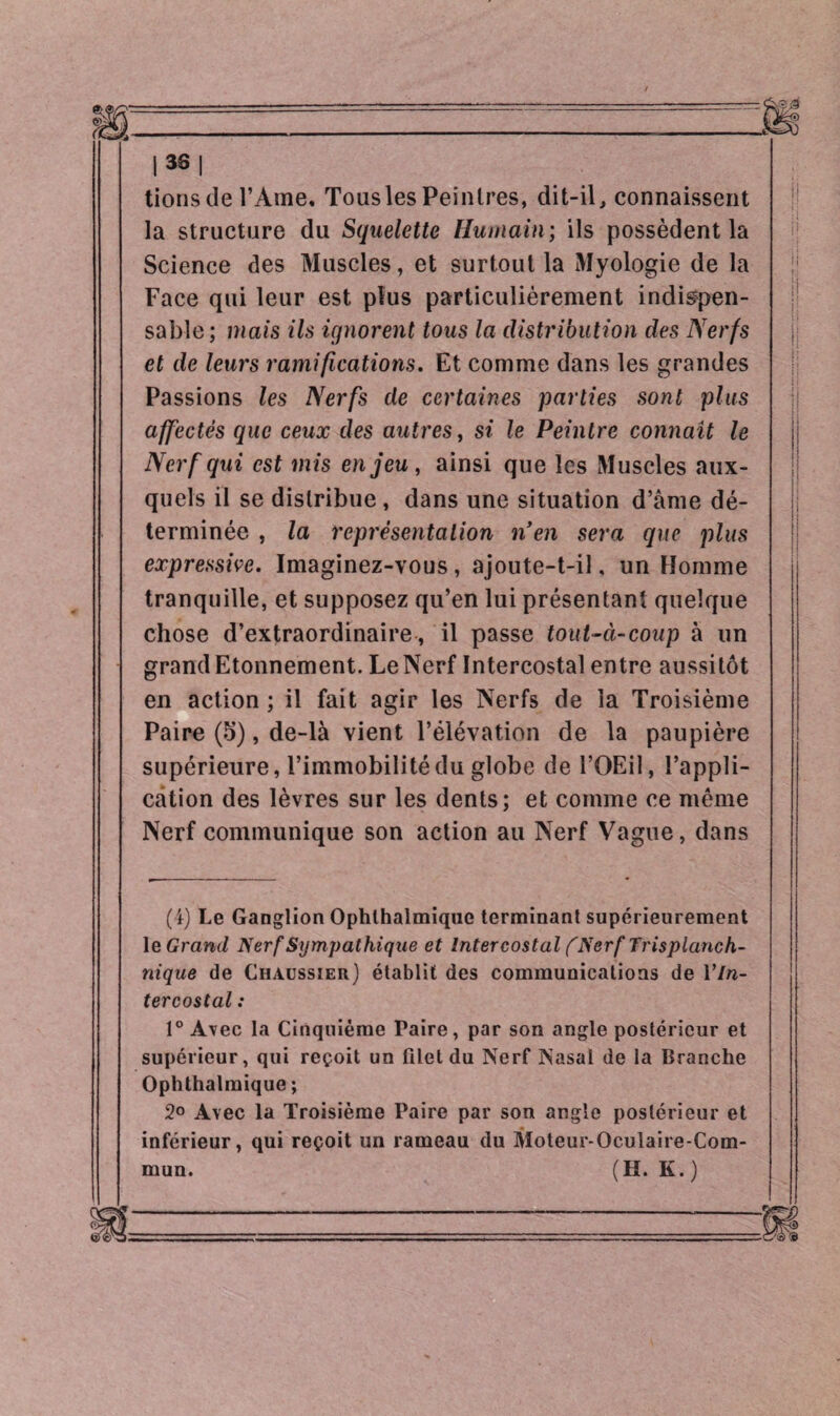|3S| tions de l’Ame. Tousles Peintres, dit-il, connaissent la structure du Squelette Humain ; ils possèdent la Science des Muscles, et surtout la Myologie de la Face qui leur est plus particulièrement indispen¬ sable ; mais ils ignorent tous la distribution des Nerfs et de leurs ramifications. Et comme dans les grandes Passions les Nerfs de certaines parties sont plus affectés que ceux des autres, si le Peintre connaît le Nerf qui est mis enjeu, ainsi que les Muscles aux¬ quels il se distribue, dans une situation d’âme dé¬ terminée , la représentation n’en sera que plus expressive. Imaginez-vous, ajoute-t-il. un Homme tranquille, et supposez qu’en lui présentant quelque chose d’extraordinaire , il passe tout-à-coup à un grand Etonnement. Le Nerf Intercostal entre aussitôt en action ; il fait agir les Nerfs de la Troisième Paire (5), de-là vient l’élévation de la paupière supérieure, l’immobilité du globe de l’OEil, l’appli¬ cation des lèvres sur les dents; et comme ce meme Nerf communique son action au Nerf Vague, dans (i) Le Ganglion Ophthalmique terminant supérieurement le Grand Nerf Sympathique et Intercostal (Nerf Trisplanch- nique de Chaüssier) établit des communications de VIn¬ tercostal : 1° Avec la Cinquième Paire, par son angle postérieur et supérieur, qui reçoit un filet du Nerf Nasal de la Branche Ophthalmique ; 2° Avec la Troisième Paire par son angle postérieur et inférieur, qui reçoit un rameau du Moteur-Oculaire-Com¬ mun. (H. K. )