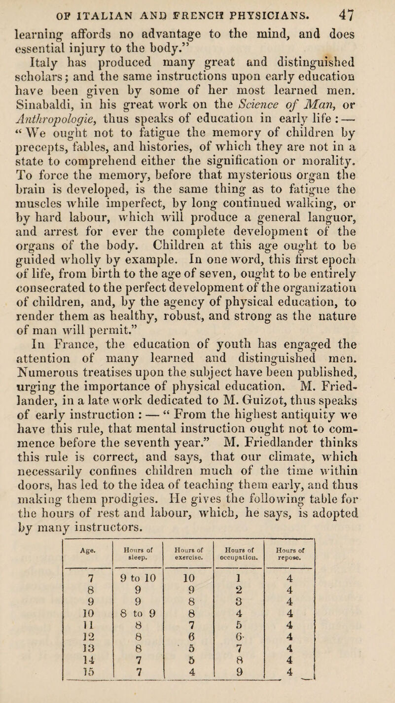 learning- affords no advantage to the mind, and does essential injury to the body.” Italy has produced many great and distinguished scholars; and the same instructions upon early education have been ffiven bv some of her most learned men. Sinabaldi, in his great work on the Science of Man, or Anthropologie, thus speaks of education in early life : — “ We ought not to fatigue the memory of children by precepts, fables, and histories, of which they are not in a state to comprehend either the signification or morality. To force the memory, before that mysterious organ the brain is developed, is the same thing as to fatigue the muscles while imperfect, by long continued walking, or by hard labour, which will produce a general languor, and arrest for ever the complete development of the organs of the body. Children at this age ought to be guided wholly by example. In one word, this first epoch of life, from birth to the age of seven, ought to be entirely consecrated to the perfect development of the organization of children, and, by the agency of physical education, to render them as healthy, robust, and strong as the nature of man will permit.” In France, the education of youth has engaged the attention of many learned and distinguished men. Numerous treatises upon the subject have been published, urging the importance of physical education. M. Fried- lander, in a late work dedicated to M. Guizot, thus speaks of early instruction : — “ From the highest antiquity w^e have this rule, that mental instruction ought not to com¬ mence before the seventh year.” M. Friedlander thinks this rule is correct, and says, that our climate, w-hich necessarily confines children much of the time within doors, has led to the idea of teaching them early, and thus making them prodigies. He gives the following table for the hours of rest and labour, w^hich, he says, is adopted by many instructors. Age. Honrs of sleep. Hours of exercise. Hours of occupation. Hours of repose. 7 9 to 10 10 1 4 8 9 9 2 4 9 9 8 8 4 10 8 to 9 8 4 4 11 8 7 5 4 12 8 6 6- 4 13 8 5 7 4 14 7 5 8 4 15 7 4 9 4