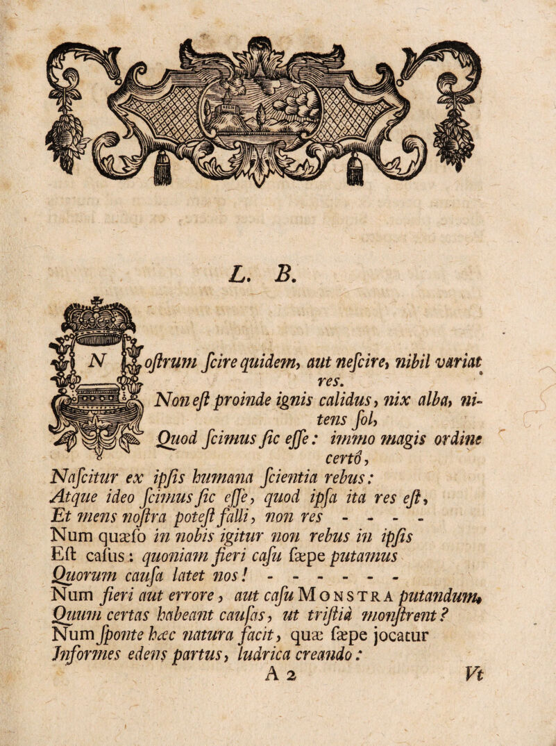 Nafcitur ex ipfis humana /cientia rebus: Atque ideo /cimus fic ejje, quod ipfa ita res eji. Et mens nojlra potefi falli, non res - - - - Num qualo in nobis igitur noti rebus in ipfis Eft callis: quoniam fieri ca/u fape putamus Quorum caufa latet nos! ------ Num fieri aut errore, aut ca/u Monstra putandum* Quum certas habeant caufas, ut trifiia monfirent ? Num /ponte hdc natura jacit, qua; fape jocatur Jn/ormes edens partus, ludrica creando : A 2 Vt