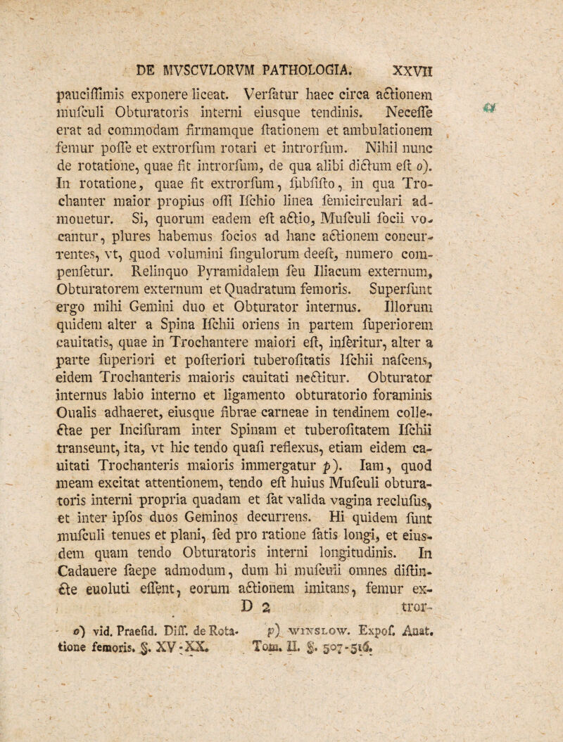 DE MVSCVLORVM PATHOLOGIA. XXVII paucifllmis exponere liceat. Verfatur haec circa a&ionem mufculi Obturatoris interni eiusque tendinis. Neceffie erat ad commodam firmamque fiationem et ambulationem femur poffie et extrorfiim rotari et introrliim. Nihil nunc de rotatione, quae fit introrfum, de qua alibi diftum eft o). In rotatione, quae fit extrorfiim, fhbfifio, in qua Tro¬ chanter maior propius offi, Ifchio linea femicirculari ad- mouetur. Si, quorum eadem eft aftio, Mufculi focii vo¬ cantur, plures habemus focios ad hanc actionem concur¬ rentes, vt, quod volumini Angulorum deeft, numero com- penfetur. Relinquo Pyramidalem feu Iliacum externum, Obturatorem externum et Quadratum femoris. Superfiunt ergo mihi Gemini duo et Obturator internus. Illorum quidem alter a Spina Ifichii oriens in partem fuperiorem cauitatis, quae in Trochantere maiori efi, infieritur, alter a parte ftiperiori et pofteriori tuberofitatis Ifichii nafcens, eidem Trochanteris maioris cauitati nc&itur. Obturator internus labio interno et ligamento obturatorio foraminis Oualis adhaeret, eiusque fibrae carneae in tendinem colle-* ftae per Incifuram inter Spinam et tuberofitatem Ifichii transeunt, ita, vt hic tendo quafi reflexus, etiam eidem ca¬ uitati Trochanteris maioris immergatur p). Iam, quod meam excitat attentionem, tendo efi huius Mufculi obtura¬ toris interni propria quadam et fiat valida vagina reclufus, et inter ipfios duos Geminos decurrens. Hi quidem fiint mufculi tenues et plani, fed pro ratione fatis longi, et eius¬ dem quam tendo Obturatoris interni longitudinis. In Cadauere faepe admodum, dum hi mufcuii omnes diftin- £te euoluti effient, eorum aftionem imitans, femur ex- D 2 tror- 0} vid. Praefici DilT. de Rota- p} wiislow, Expof» Auat. tione femoris» §• XV: XX*- . Toim* n® §. 507-51& N