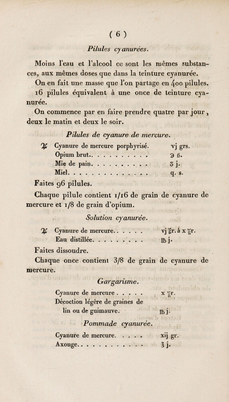 Pilules cyanurèes. Moins l’eau et l’alcool ce sont les mêmes substan¬ ces, aux mêmes doses que dans la teinture cyanurée. On en fait une masse que l’on partage en 4oc pilules. 16 pilules équivalent à une once de teinture cya¬ nurée. On commence par en faire prendre quatre par jour % deux le matin et deux le soir. Pilules de cyanure de mercure. Cyanure de mercure porphyrisé. vj grs. Opium brut. 3G. Mie de pain. 3 j* Miel. q. s. Faites 96 pilules. Chaque pilule contient 1/16 de grain de cyanure de mercure et 1/8 de grain d’opium. i; » a ■* V » Solution cyanurée. Cyanure de mercure. vj gr. à x gr. Eau distillée. j. Faites dissoudre. Chaque once contient 3/8 de grain de cyanure de mercure. Gargarisme. Cyanure de mercure. xïr, J r> Dépoction légère de graines de lin ou de guimauve. jg j. Pommade cyanurée. Cyanure de mercure. xij gr. Àxonge. 3 j.