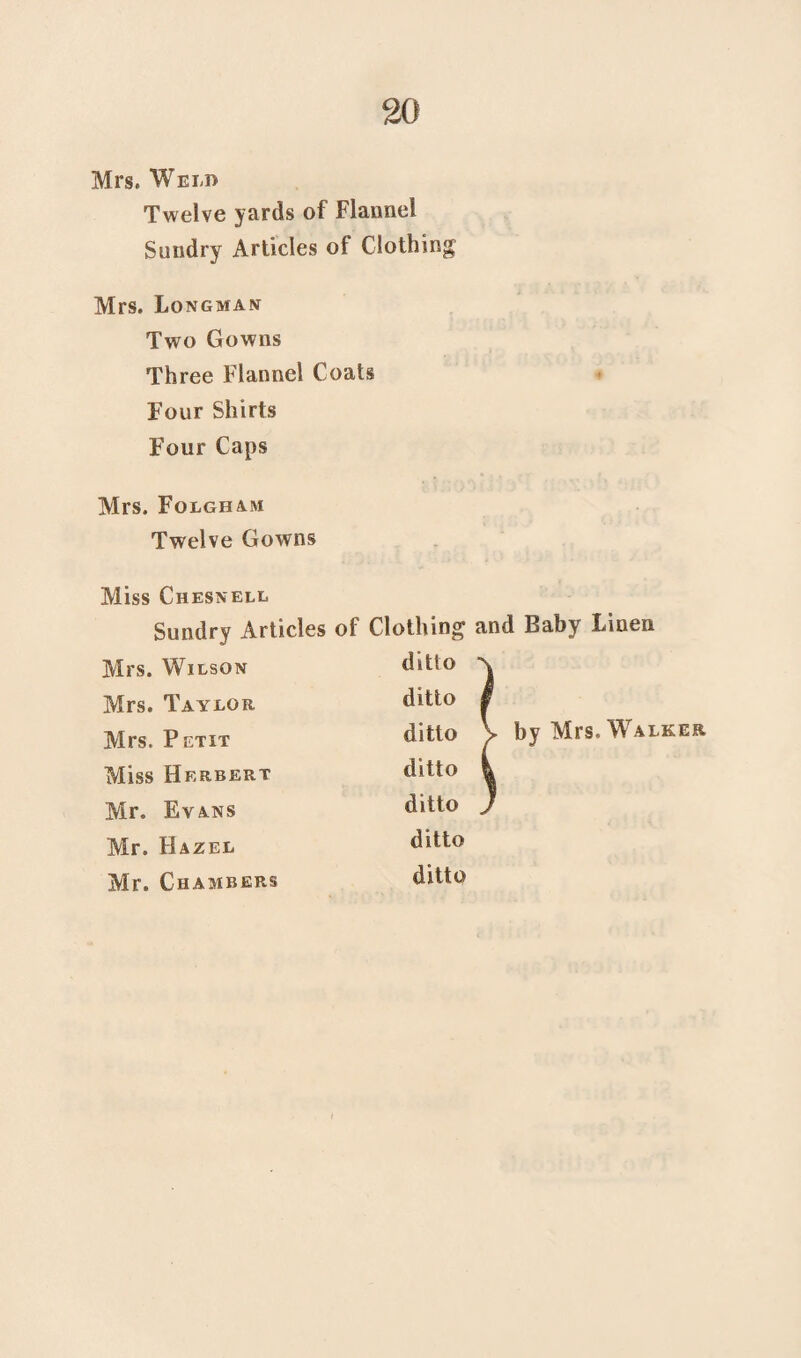 Mrs. Weld Twelve yards of Flannel Sundry Articles of Clothing Mrs. Longman Two Gowns Three Flannel Coats Four Shirts Four Caps Mrs. Folgham Twelve Gowns Miss Chesnell Sundry Articles of Clothing and Baby Linen Mrs. Wilson Mrs. Taylor Airs. Petit Miss Herbert Air. Evans Air. Hazel Mr. Chambers by Airs. Walker