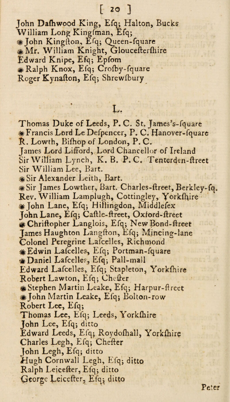 John Dafhwood King, Efq; Hal ton, Buck? William Long Kingfman, Efq; #John Kingfton, Efq; Queen-fquare #Mr. William Knight, Gloucefterfhire Edward Knipe, Efq; Epfom #Ralph Knox, Efq; Crofby-fquare Roger Kynafton, Efq; Shrewfbury L. Thomas Duke of Leeds, P. C. St. JamesVfquare #Francis Lord Le Defpencer, P. C. Hanover-fquare R. Lowth, Bifhop of London, P. C. James Lord LifFord, Lord Chancellor of Ireland Sir William Lynch, K. B. P. C. Tenterden-ftreet Sir William Lee, Bart. # Sir Alexander Leith, Bart. # Sir James Lowther, Bart. Charles-ftreet, Berkley-fq. Rev. William Lamplugh, Cottingley, Yorkflftre #John Lane, Efq; Hillingdon, Middlefex John Lane, Efq; Caftle-ftreet, Oxford-ftreet # Chriftopher Langlois, Efq; New Bond-ftreet James Haughton Langfton, Efq; Mincing-lane Colonel Peregrine Lafcelles, Richmond # Edwin Lafcelles, Efq; Portman-fquare #Daniel Lafcelles, Efq; Pall-mall Edward Lafcelles, Efq; Stapleton, Yorkfhire Robert Lawton, Efq; Chefter # Stephen Martin Leake, Efq; Harpur-ftreet #John Martin Leake, Efq; Bolton-row Robert Lee, Efq; Thomas Lee, Efq; Leeds, Yorkfhire John Lee, Efq; ditto Edward Leeds, Efq; Roydofhall, Yorkfhire Charles Legh, Efq; Chefter John Legh, Efq; ditto Hugh Cornwall Legh, Efq; ditto Ralph Leicefter, Efq; ditto George Leicefter, Efq; ditto