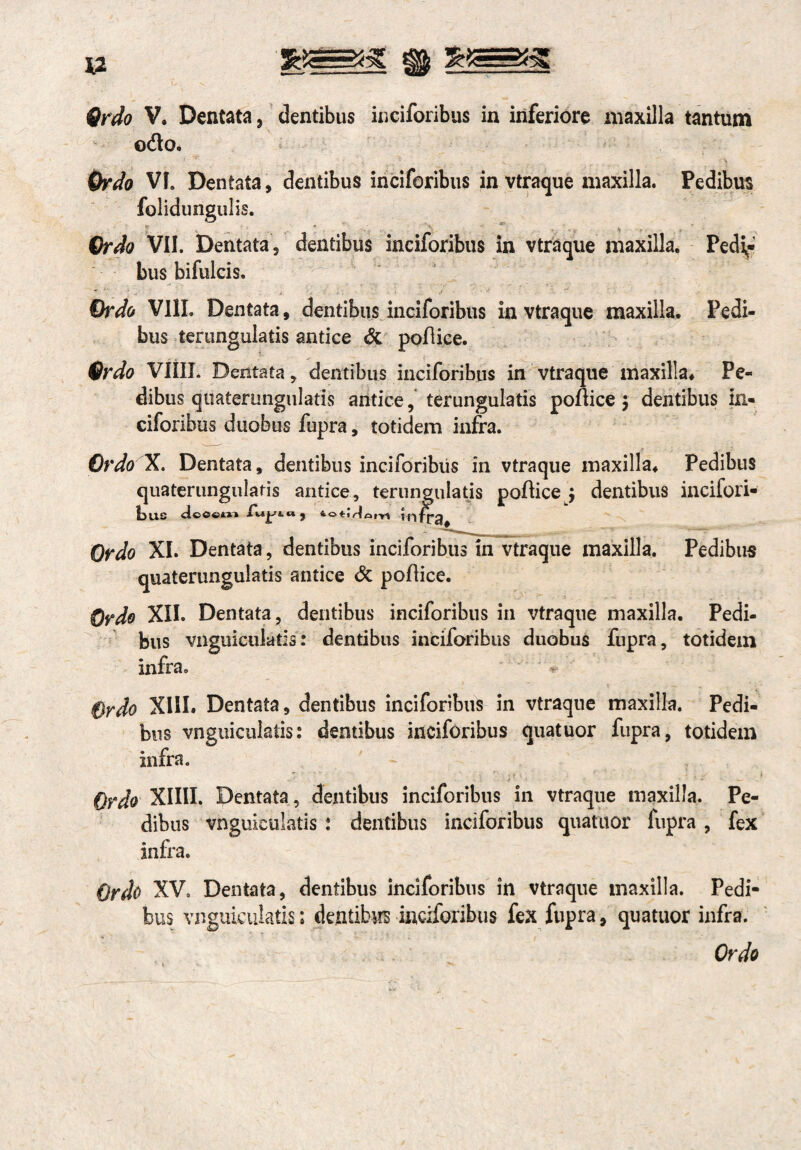 V. Dentata, dentibus inciforibus in inferiore maxilla tantum odo. Ordo VI. Dentata, dentibus inciforibus in vtraque maxilla. Pedibus folidungulis. ’ , “ . . < Ordo VII. Dentata, dentibus inciforibus in vtraque maxilla. Pedi¬ bus bifulcis. .■ . . t ~ * j ■ • Ordo VIII. Dentata, dentibus inciforibus in vtraque maxilla. Pedi¬ bus terungulatis antice Si poflice. Ordo Vita. Dentata, dentibus inciforibus in vtraque maxilla* Pe¬ dibus quaterungulatis antice, terungulatis poflice $ dentibus in¬ ciforibus duobus fupra, totidem infra. Ordo X. Dentata, dentibus inciforibus in vtraque maxilla* Pedibus quaterungulatis antice, terungulatis poflice j dentibus incifori- 1)US cicCOi.»» fjlft“3 Ordo XI. Dentata, dentibus inciforibus in vtraque maxilla. Pedibus quaterungulatis antice Si poflice. Ordo XII. Dentata, dentibus inciforibus in vtraque maxilla. Pedi¬ bus vnguiculads: dentibus inciforibus duobus fupra, totidem infra. ‘ > Ordo XIII. Dentata, dentibus inciforibus in vtraque maxilla. Pedi¬ bus vnguiculads: dentibus inciforibus quatuor fupra, totidem infra. ~ , Ordo XIIII. Dentata, dentibus inciforibus in vtraque maxilla. Pe¬ dibus vnguiculatis: dentibus inciforibus quatuor fupra , fex infra. Ordo XVo Dentata, dentibus inciforibus in vtraque maxilla. Pedi¬ bus vnguiculatis; dentibus inciforibus fex fupra, quatuor infra. Ordo