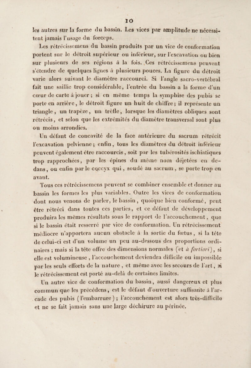 les autres sur la forme du bassin. Les vices par amplitude ne nécessi¬ tent jamais l’usage du forceps. Les rétréeissemeus du bassin produits par un vice de conformation portent sur le détroit supérieur ou inférieur, sur l'excavation ou bien sur plusieurs de ses régions A la fois. Ces rétréeissemeus peuvent s’étendre de quelques lignes A plusieurs pouces. La figure du détroit varie alors suivant le diamètre raccourci. Si l’angle sacro-vertébral fait une saillie trop considérable, l’entrée du bassin a la forme d’un cœur de carte A jouer ; si en même temps la symphise des pubis se porte en arrière, le détroit figure un huit de chiffre; il représente un triangle, un trapèze, un trèfle, lorsque les diamètres obliques sont rétrécis, et selon que les extrémités du diamètre transversal sont plus ou moins arrondies. Un défaut de concavité de la face antérieure du sacrum rétrécit l’excavation pelvienne; enfin, tous les diamètres du détroit inférieur peuvent également être raccourcis, soit par les tubérosités isehiatiques trop rapprochées, par les épines du même nom déjetées en de¬ dans, ou enfin parle coccyx qui, soudé au sacrum, se porte trop en avant. Tous ces rétréeissemeus peuvent se combiner ensemble et donner au bassin les formes les plus variables. Outre les vices de conformation dont nous venons de parler, le bassin, quoique bien conformé, peut être rétréci dans toutes ces parties, et ce défaut de développement produira les mêmes résultats sous le rapport de l’accouchement, que si le bassin était resserré par vice de conformation. Un rétrécissement médiocre n’apportera aucun obstacle A la sortie du fœtus, si la tête de celui-ci est d’un volume un peu au-dessous des proportions ordi¬ naires ; mais si la tête offre des dimensions normales (et à fortiori), si elle est volumineuse , l'accouchement deviendra difficile ou impossible par les seuls efforts de la nature , et même avec les secours de l’art, si le rétrécissement est porté au-delà de certaines limites. Un autre vice de conformation du bassin, aussi dangereux et plus commun que les précédons, est le défaut d’ouverture suffisante A l’ar¬ cade des pubis ( l’embarrure ) ; l’accouchement est alors très-difficile et ne se fait jamais sans une large déchirure au périnée.