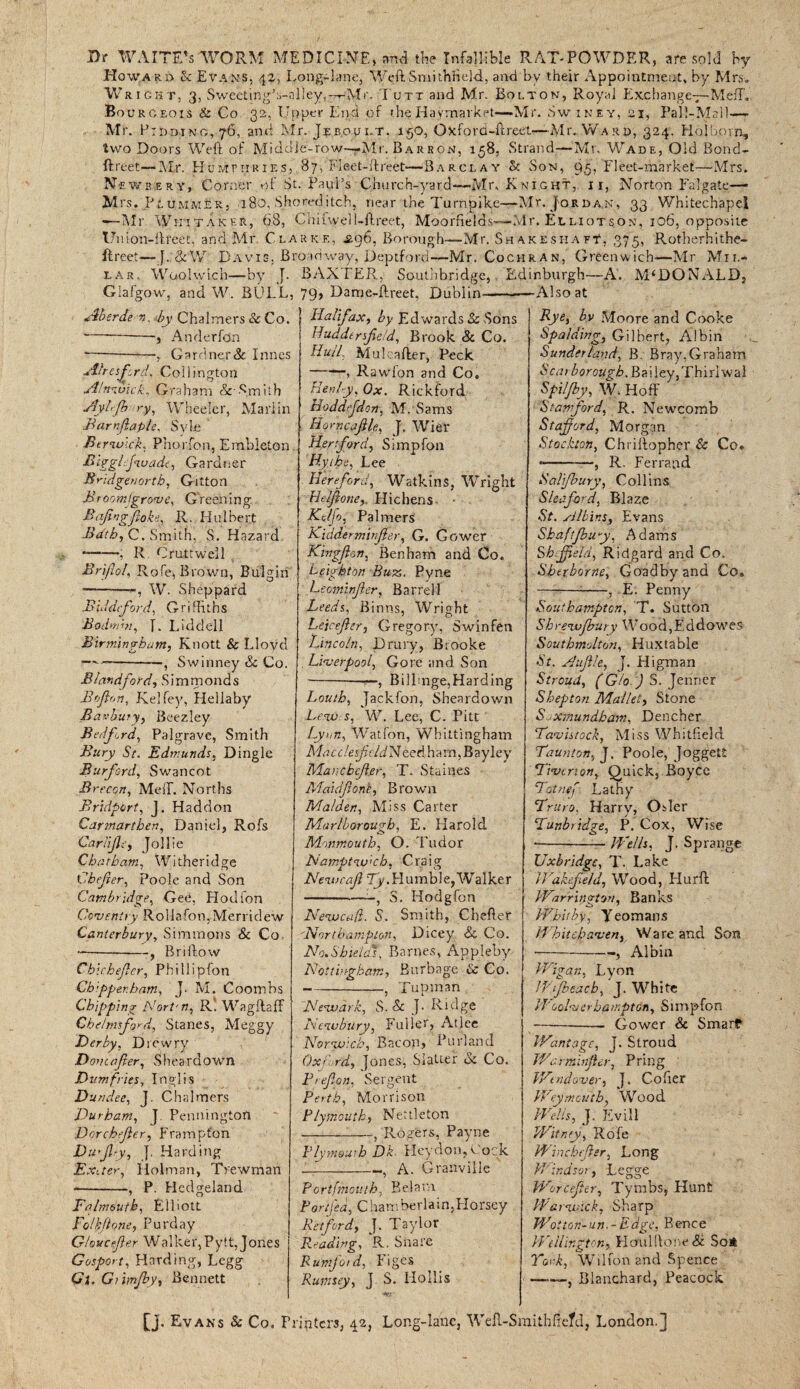 Dr WAITED WORM MEDICINE, ami the Infallible RAT-POWDER, are sold by Howard & Evans, 42, Long-lane, WeftSmithfield, and by their Appointment, by Mrs-. Wright, 3, Swecting’s-nliey,-—Mr. Tutt and Mr. Bolton, Royal Exchange—Meff. .Bourgeois & Co. 32, Upper End of the Hay market—-Mr. Swiney, si, Pall-Mall— Mr. Piddinq, 76, ami Mr. Jeboult, 150, Oxford-ftreet—Mr. Warp, 324, Holbovn, two Doors Weft of Middle-row—-Mr. Barron, 158, Strand—Mr. Wade, Old Bond- ftreet—Mr. Humphries, 87, Fleet-ftreet—Barclay 8c Son, Q5, Fleet-market—Mrs. N ■ewbery, Corner of St. Paul’s Church-yard—Mr, Knight, ii, Norton Fa]gate—* Mrs. Ft ummer, 180, Shoreditch, near the Turnpike—Mr. Jordan, 33 Whitechapel -—Mr Whitaker, 68, Chifwell-ftreet, Moorfields—Mr. Elliotson, 106. opposite Un ion-ftreet, and Mr Clarke, ,296, Borough—Mr. ShakeshaeT, 375, Rotherhithe- ftreet—J.&W Davis. Broadway, Deptford—Mr. Cochran, Greenwich—Mr Mil¬ lar. Woolwich—by J. BAXTER, Soutbbridge, Edinburgh—A. M‘DONALD, Giafgow, and W. BULL, 79, Dame-ftreet, Dublin--—Also at Aberde v. by Chalmers Sc Co. * -——j And cr fan * ---, Gardner & Innes At'resfird, Collington Almuic'k, Graham ScSmith Ayl'Jb ry, Wheeler, Marlin Barnflaple. Syle Berwick, Phorfon, Embleton DiggLfwade, Gardner Bridgenortb, Gitton BroomJgrave, Greening Bajing'fluke, R. Hulbert Bath, C. Smith, S. Hazard * -, R Cru,ttwell Briflol, Rofe, Brown, Bulgin --W. Sheppard Biddcford, Griffiths Bodmin, T. Liddell Birmingham, Knott & Lloyd — -.? Swinney Sc Co. Blandford, Simmonds Boflon, Kelfey, Hellaby Banbury, Beezley Bedford, Palgrave, Smith Bury St. Edmunds, Dingle Buford, Swancot Brecon, MefT. Norths Bridport, J. Haddon Carmarthen, Daniel, Rofs CarHJle, Jo]lie Chatham, Witheridge Chefler, Poole and Son Cambridge, Gee, Hod ton Coventry Roilafon,Merridew Canterbury, Simmons Sc Co, - -, Briftow Chirhejler, Phillipfon Chipper-ham, J- M. Coombs Chipping Nort'n, R*. Wagftaff Chelmsford, Stanes, Meggy Derby, Die wry Doncafler, Sheardown Dumfries, I'nglis Dundee, J. Chalmers Durham, J. Pennington Dorchefer, F ramp ton Du fly, J. Harding Extter, Holman, Tvewman -—-, P. Hcdgeland Falmouth, Elliott Folk/tone, Purday Gloucefltr Walker,Pytt, Jones Gosport, Harding, Legg Gi. Giimjby, Bennett Halifax, by Edwards Sc Sons Huddersfield, Brook Sc Co. Hull. Mulcafter, Peck -, Rawfon and Co. Henley, Ox. Rickford Hoddfjdon, M. Sams Home a fie, J. Wier Hertford, Simpfou Hythe, Lee Hereford, Watkins, Wright He If one,. Hie hens - Kc/jo, Palmers AT2dder.minfer, G. Gower Kingjlon, Ben ham and Co. Leighton Busts. Pyne Leominfler, Barrel! Leeds, Binns, Wright Leiceficr, Gregory, S win fen Lincoln, Drury, Brooke Liverpool, Gore and Son ■-—r—, BilEnge,Harding Louth, Jack foil, Sheardown Lew s, W. Lee, C. Pitt Lym, Watfon, Whittingham jWtfcc/ep?fA/Needham,Bayley Mancbcfl.er, T. Staines Maidflone, Brown Malden, Miss Carter Marlborough, E. Harold Monmouth, O. Tudor Namptw’cb, Craig Newcafl Ty.Plumble, Walker -S. Hodgfon New cad- S. Smith, Chefter Northampton, Dicey <& Co. No,Shields, Barnes, Appleby Nottingham, Burbage & Co. --5 Tupman Newark, S. Sc J- Ridge Newbury, Fuller, Atlee Norwich, Bacon, Purland Oxli rd, Jones, Slatter Sc Co. Frefion, Sergent Perth, Morrison Plymouth, Nettleton -} Rogers, Payne Plymouth Dk Hcydon,Cock , A. Granville PbrtfmouthEelam Par fa, Chamberlain.Horsey Retford, J. Taylor Reading, R. Snare Rumford, Figes Ruvtsey, J S. Hollis Rye, bv Moore and Cooke Spalding, Gilbert, Albin Sunderland, B. Bray,Graham Scarborough. Bailey, Thirl wal Spiijby, W, Hoff Stafford, R. Newcomb Stafford, Morgan Stockton, Chriftopher & Co. —— R. Ferrand Salifbury, Collins Sleaford, Blaze St. sllkins, Evans Sbaftfbu-y, Adams Sheffield, Ridgard and Co. Sherborne, Goadbyand Co. —■■-1-■, E. Penny Southampton, T. Sutton Sbrewfbury Wood,Eddowes Southmolton, Huxtable St. Nuffle, J. Higman Stroud, (Glo ) S. Jenrier S hep ton Mallet, Stone Saxmundbam, Dencher 'Tavistock, Miss Whitfield Taunton, J. Poole, Joggett Tiverton, Quick, Boyce Totnefi Lathy Truro. Harry, Osier Tunbridge, P. Cox, Wise --Wells, J. Sprange Uxbridge, T. Lake Wakefield, Wood, Elurft Warrington, Banks Whitby, Yeomans Whitehaven, Ware and Son — --, Albin Wigan, Lyon IVjbeach, J. White Woolverhampton. Simpfon — - Gower & Smart Wantage, J. Stroud Wa rminfler, Pring We, ndover, J. C o Tier Weymouth, Wood Wells, J. Evill Witney, Rofe Winchffer, Long Windsor, Legge Worcefttr, Tymbs, Hunt Warwick, Sharp Wot ton- un.- E dge, B ence Wellington, EIoul!lone& Son York, Wilfonand Spence ——, Blanchard, Peacock [j. Evans & Co. Printers, 42, Long-lane, Weft-Smithfiefd, London.]
