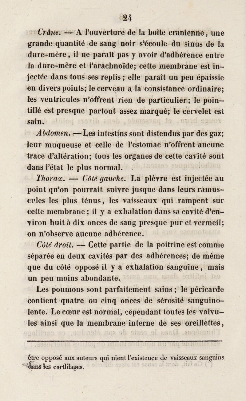 Crâne. — A l’ouverture de la boite crânienne, une grande quantité de sang noir s’écoule du sinus de la dure-mère, il ne paraît pas y avoir d’adhérence entre la dure-mère et l’arachnoïde; cette membrane est in¬ jectée dans tous ses replis ; elle paraît un peu épaissie en divers points; le cerveau a la consistance ordinaire; les ventricules n’offrent rien de particulier; le poin¬ tillé est presque partout assez marqué; le cervelet est sain. Abdomen. •—Les intestins sont distendus par des gaz; leur muqueuse et celle de l’estomac n’offrent aucune trace d’altération; tous les organes de cette cavité sont dans l’état le plus normal. . Thorax. — Côté gauche. La plèvre est injectée au point qu’on pourrait suivre jusque dans leurs ramus- crles les plus ténus, les vaisseaux qui rampent sur celte membrane ; il y a exhalation dans sa cavité d’en¬ viron huit à dix onces de sang presque pur et vermeil; on n’observe aucune adhérence. Côté droit. — Cette partie de la poitrine est comme séparée en deux cavités par des adhérences; de même que du côté opposé il y a exhalation sanguine, mais un peu moins abondante. Les poumons sont parfaitement sains ; le péricarde contient quatre ou cinq onces de sérosité sanguino¬ lente. Le cœur est normal, cependant toutes les valvu¬ les ainsi que la membrane interne de ses oreillettes, être opposé aux auteurs qui nient l’existence de vaisseaux sanguins dans les cartliîages.