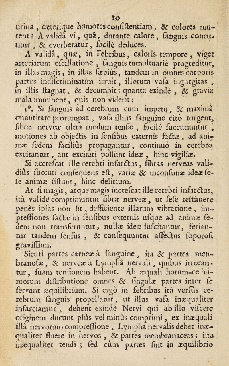 Io urina , cjpterique humores confiftentiam , Sc colores mu¬ tent? A valida vi, qua, durante calore, fanguis concu¬ titur 3 & everberatur, facile deduces. A valida, qus, iri Febribus, caloris tempore, viget arteriarum ofciliatione , fanguis rumultuarie progreditur, in illas magis, in iftas fepius, tandem in omnes corporis partes indifcriminatim irruit, illorum vafa ingurgitat , in illis ftagnat, 8c decumbit; quanta exinde , & gravia mala imminent, quis non viderit? iQ. Si fanguis ad cerebrum cum impetu, 8c maxima quantitate prorumpat, vafa illius fanguine cito turgent, fibras nerveas ultra modum tenfx , facile fuccutiuntur , motiones ab obje&is in fenfbus externis fadbe, ad ani«* mx fedem facilius propagantur, continuo in cerebro excitantur , aut excitari poliunt ide^ , hinc vigilias. Si accrefcat ille cerebri infar&us, fibras nerveas vali¬ dius fuccuti confequens eff, varias 8c inconfonae ideas fe- fe animas fidunt, hinc delirium. At fi magis, atque magis increfcat ille cerebri infar&us, ita valide comprimuntur fibras nerveas, ut fefe redimere penes ipfas non fit, defficiente illarum vibratione, im- preffiones fa6tas in fenfibus externis ufque ad anima: fe¬ dem non transferuntur, nullas ideas fufeitantur, ferian¬ tur tandem fenfus , 3c confequuntar afledus foporofl graviffimi. Sicuci partes carneas a fanguine, ira 8c partes men- branofas, & nerveas a Lympha nervali, quibus irroran¬ tur, fuam tenlionem habent. Ab requali horum-ce hu¬ morum didributione omnes 3c lingulas partes inter fe fervant aequilibrium. Si ergo in febribus ita verfus ce¬ rebrum fanguis propellatur, ut illas vafa inasqualiter infarciantur , debenc exinde Nervi qui ab illo vifcere originem ducunt plus vel minus comprimi, ex inaequali illa nervorum compreflione , Lympha nervalis debet inae¬ qualiter fluere in nervos , & partes membranaceas; ifta inasqualiter tendi ; fed cAm partes fint in aequilibrio i*