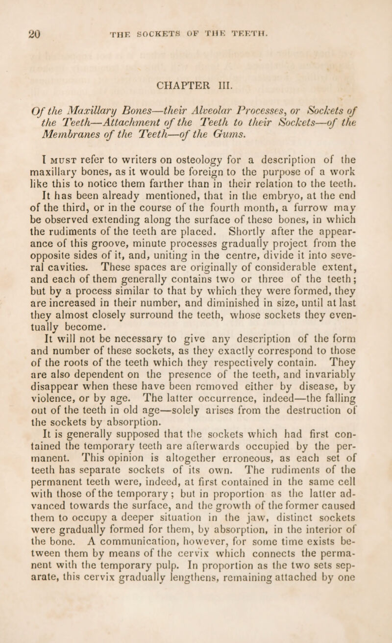 CHAPTER III. Of the Maxillary Bones—their Alveolar Processes, or Sockets of the Teeth—Attachment of the Teeth to their Sockets—of the Membranes of the Teeth—of the Gums. I must refer to writers on osteology for a description of the maxillary bones, as it would be foreign to the purpose of a work like this to notice them farther than in their relation to the teeth. It has been already mentioned, that in the embryo, at the end of the third, or in the course of the fourth month, a furrow may be observed extending along the surface of these bones, in which the rudiments of the teeth are placed. Shortly after the appear¬ ance of this groove, minute processes gradually project from the opposite sides of it, and, uniting in the centre, divide it into seve¬ ral cavities. These spaces are originally of considerable extent, and each of them generally contains two or three of the teeth; but by a process similar to that by which they were formed, they are increased in their number, and diminished in size, until at last they almost closely surround the teeth, whose sockets they even- tuallv become. It will not be necessary to give any description of the form and number of these sockets, as they exactly correspond to those of the roots of the teeth which they respectively contain. They are also dependent on the presence of the teeth, and invariably disappear when these have been removed either by disease, by violence, or by age. The latter occurrence, indeed—the falling out of the teeth in old age—solely arises from the destruction of the sockets by absorption. It is generally supposed that the sockets which had first con¬ tained the temporary teeth are afterwards occupied by the per¬ manent. This opinion is altogether erroneous, as each set of teeth has separate sockets of its own. The rudiments of the permanent teeth were, indeed, at first contained in the same cell with those of the temporary; but in proportion as the latter ad¬ vanced towards the surface, and the growth of the former caused them to occupy a deeper situation in the jaw, distinct sockets were gradually formed for them, by absorption, in the interior of the bone. A communication, however, for some time exists be¬ tween them by means of the cervix which connects the perma¬ nent with the temporary pulp. In proportion as the two sets sep¬ arate, this cervix gradually lengthens, remaining attached by one