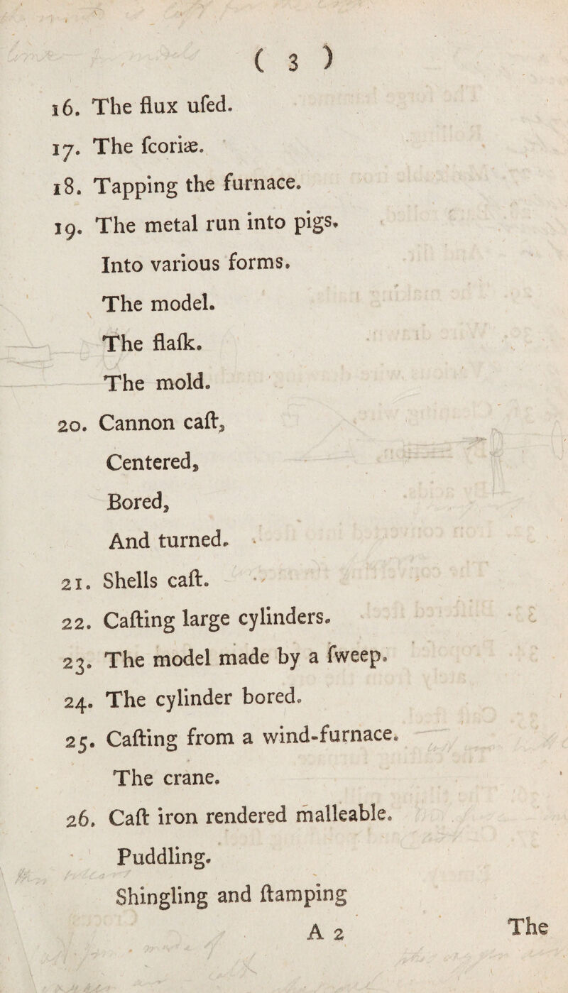 16. The flux ufed. 17. The fcoriae. 18. Tapping the furnace. 19. The metal run into pigs. Into various forms. The model. The flafk. The mold. 20. Cannon caft. Centered, Bored, And turned. • 21. Shells caft. 22. Calling large cylinders. 23. The model made by a fweep. 24. The cylinder bored. 25. Calling from a wind-furnace. The crane. 26. Caft iron rendered malleable. Puddling. Shingling and ftamping A 2