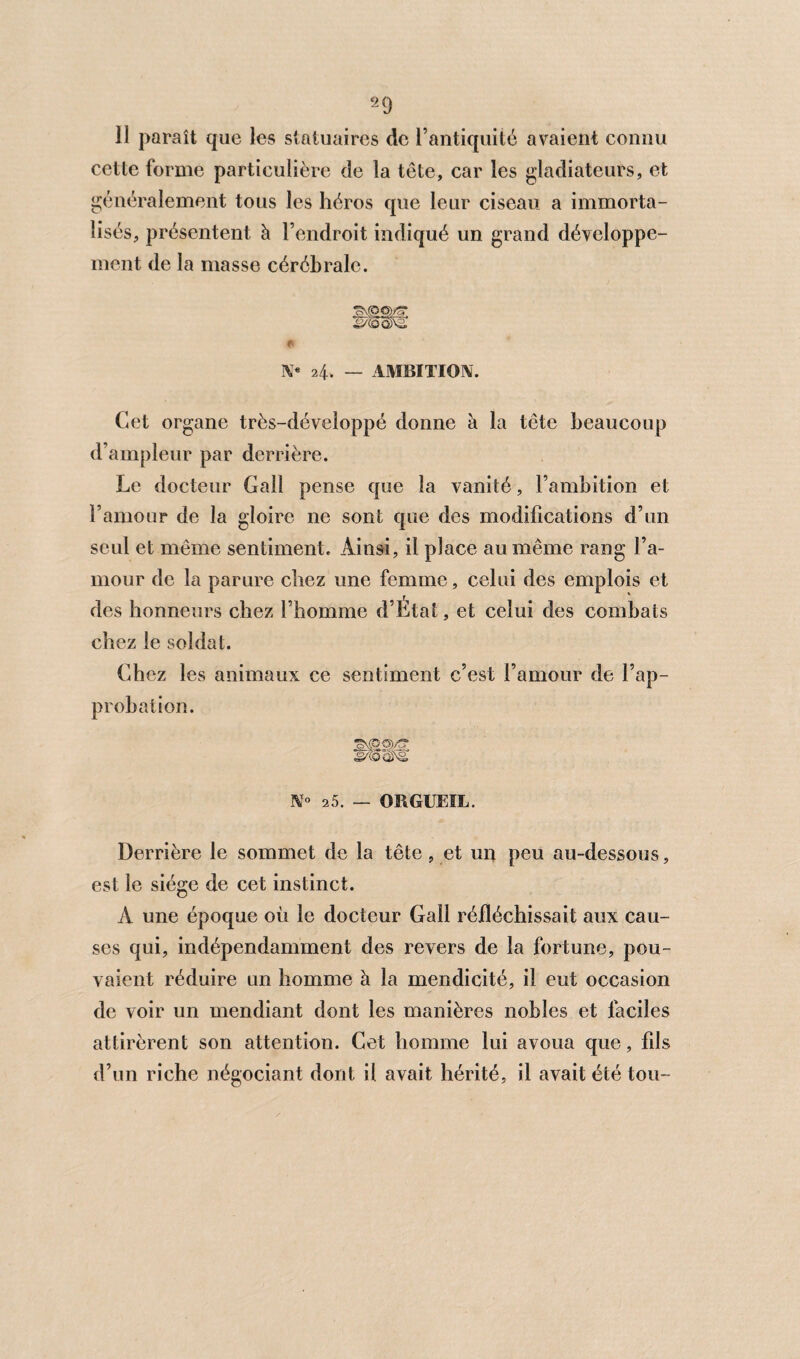 99 11 paraît que les statuaires de l’antiquité avaient connu cette forme particulière de la tête, car les gladiateurs, et généralement tous les héros que leur ciseau a immorta¬ lisés, présentent à l’endroit indiqué un grand développe¬ ment de la masse cérébrale. « N« 24. — AMBITION. Cet organe très-développé donne à la tête beaucoup d’ampleur par derrière. Le docteur Gall pense que la vanité, l’ambition et l’amour de la gloire ne sont que des modifications d’un seul et même sentiment. Ainsi, il place au même rang l’a¬ mour de la parure chez une femme, celui des emplois et des honneurs chez l’homme d’Etat, et celui des combats chez le soldat. Chez les animaux ce sentiment c’est l’amour de l’ap¬ probation. N° 25. _ ORGUEIL. Derrière le sommet de la tête, et un peu au-dessous, est le siège de cet instinct. A une époque où le docteur Gall réfléchissait aux cau¬ ses qui, indépendamment des revers de la fortune, pou¬ vaient réduire un homme à la mendicité, il eut occasion de voir un mendiant dont les manières nobles et faciles attirèrent son attention. Cet homme lui avoua que, fils d’un riche négociant dont il avait hérité, il avait été tou-