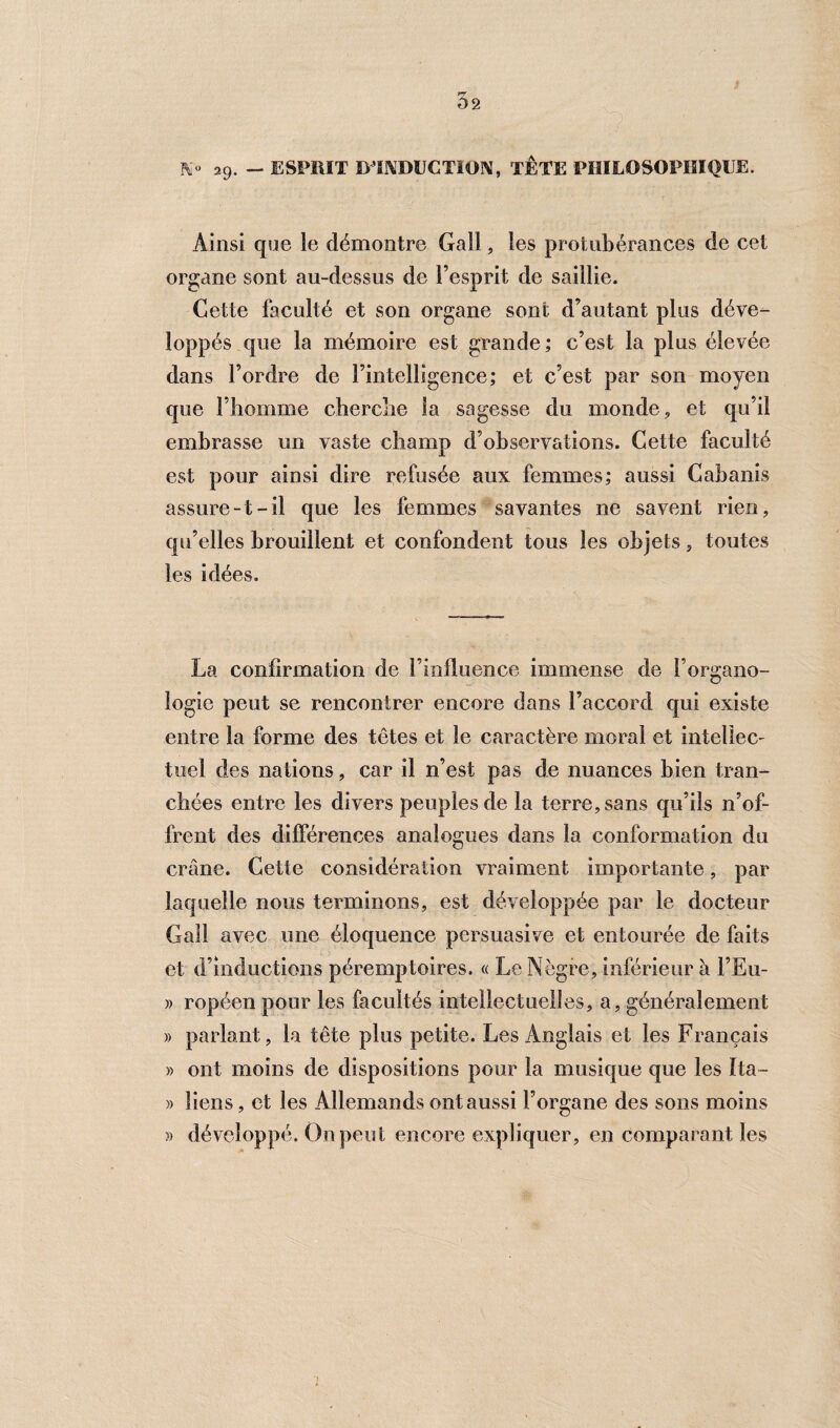 K» 29. — ESPRIT DEDUCTION, TÊTE PHILOSOPHIQUE. Ainsi que le démontre Gall, les protubérances de cet organe sont au-dessus de l’esprit de saillie. Cette faculté et son organe sont d’autant plus déve¬ loppés que la mémoire est grande ; c’est la plus élevée dans l’ordre de l’intelligence; et c’est par son moyen que l’homme cherche la sagesse du monde , et qu’il embrasse un vaste champ d’observations. Cette faculté est pour ainsi dire refusée aux femmes; aussi Cabanis assure-t-il que les femmes savantes 11e savent rien, qu’elles brouillent et confondent tous les objets, toutes les idées. La confirmation de l’influence immense de l’organo¬ logie peut se rencontrer encore dans l’accord qui existe entre la forme des têtes et le caractère moral et intellec¬ tuel des nations, car il n’est pas de nuances bien tran¬ chées entre les divers peuples de la terre, sans qu’ils n’of¬ frent des différences analogues dans la conformation du crâne. Cette considération vraiment importante, par laquelle nous terminons, est développée par le docteur Gaïl avec une éloquence persuasive et entourée de faits et d’inductions péremptoires, « Le Nègre, inférieur à l’Eu- » ropéen pour les facultés intellectuelles, a, généralement » parlant, la tête plus petite. Les Anglais et les Français » ont moins de dispositions pour la musique que les Ita- » liens, et les Allemands ont aussi l’organe des sons moins » développé. On peut encore expliquer, en comparant les