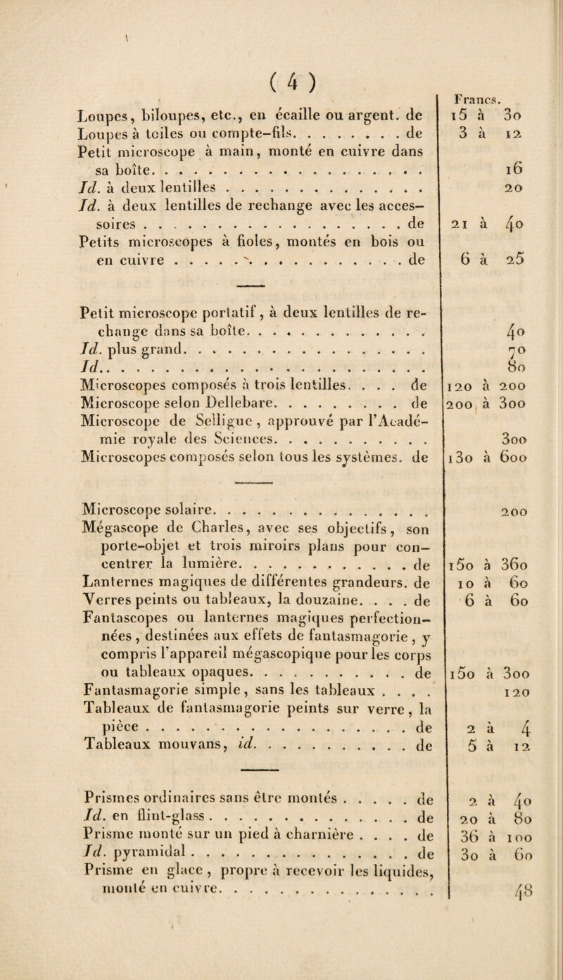 Loupes, biloupes, etc., en écaille ou argent, de Loupes à toiles ou compte-fils.de Petit microscope à main, monté en cuivre dans sa boîte. Jd. à deux lentilles.. Id. à deux lentilles de rechange avec les acces¬ soires . .de Petits microscopes à fioles, montés en bois ou en cuivre..de Francs. 15 à 3o 3 à 12 16 20 21 à 4° 6 à 25 Petit microscope portatif, à deux lentilles de re¬ change dans sa boîte.. Id. plus grand. Id... Microscopes composés à trois lentilles. ... de Microscope selon Dellebare.de Microscope de Seiligue , approuvé par T Acadé¬ mie royale des Sciences. Microscopes composés selon tous les systèmes, de 4o 7° 8o 120 à 200 200,à 3oo 3oo i3o à 6oo Microscope solaire. Mégascope de Charles, avec ses objectifs, son porte-objet et trois miroirs plans pour con¬ centrer la lumière.de Lanternes magiques de différentes grandeurs, de Verres peints ou tableaux, la douzaine. . . . de Fantascopes ou lanternes magiques perfection¬ nées , destinées aux effets de fantasmagorie, y compris l'appareil mégascopique pour les corps ou tableaux opaques.de Fantasmagorie simple, sans les tableaux . . . . Tableaux de fantasmagorie peints sur verre, la pièce. de Tableaux mouvans, id.de 200 i5o à 36o io «à 6o 6 à 6o i5o à 3oo I 20 2 à 4 5 à 12 Prismes ordinaires sans être montés.de Jd. en fliut-glass. de Prisme monté sur un pied à charnière .... de Jd. pyramidal.de Prisme en glace , propre à recevoir les liquides, monté en cuivre. 2 «à 4 ° 20 à 8o 36 à ioo 3o à 6o 4»