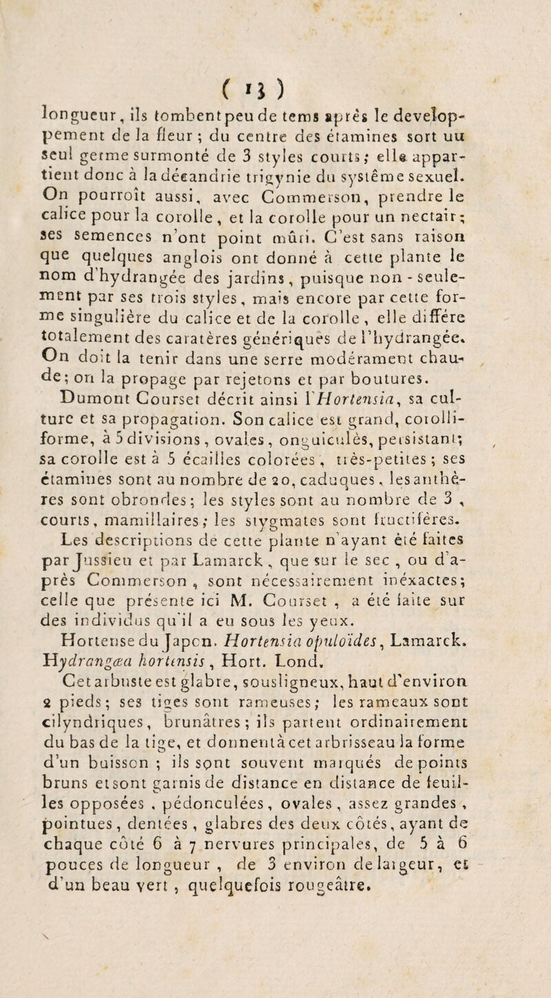 longueur, ils tombentpeude tems «près le dévelop¬ pement de la fleur ; du centre des étamines sort uu seul germe surmonté de 3 styles courts,* ell« appar¬ tient donc à la déeandrie trigynie du système sexuel. On pourroît aussi, avec Cornmerson, prendre le calice pour la corolle , et la corolle pour un nectair ; ses semences n’ont point mûri. C’est sans raison que quelques anglois ont donné à cette plante le nom d’hydrangée des jardins, puisque non - seule¬ ment par ses trois styles, mais encore par cette for¬ me singulière du calice et de la corolle , elle diffère totalement des caratères génériques de i’iiydrangée* On doit la tenir dans une serre modérament chau- , de; on la propage par rejetons et par boutures. Dumont Courser décrit ainsi YHorte^isia, sa cul¬ ture et sa propagation. Son calice est grand, coroili- forme, à 5 divisions, ovales , onguiculés, persistant*, sa corolle esta 5 écailles colorées, nès-petîtes ; ses étamines sont au nombre de 20, caduques, les anthè¬ res sont obrondes; les styles sont au nombre de 3 , courts, mamillaires ,* les stygmates sont Iructiléres. Les descriptions de cette plante n’ayant été laites par Jussieu et par Lamarck , que sur le sec , ou d’a¬ près Cornmerson, sont nécessairement inéxactes; celle que présente ici M. Courser , a été laite sur des individus qu'il a eu sous les yeux. Horiensedu Japon. Hortensia opuloïdes^ Lamarck. Hydrangaa horttnsis ^ Hort. Lond. Cet arbuste est glabre, sousîigneux, haut d'‘environ 2 pieds; ses tiges sont rameuses; les rameaux sont cilyndriques, brunâtres; ils partent ordinairement du bas de la tige, et donnenlàcet arbrisseau la forme d’un buisson; ils spnt souvent marqués de points bruns etsont garnis de distance en distance de feuil¬ les opposées , pédonculées, ovales, assez grandes , pointues, dentées , glabres des deux côtés, ayant de chaque côté 6 à 7 nervures principales, de 5 à 6 pouces de longueur , de 3 environ delaigeur, ci - d’un beau vert , quelquefois rougeâtre. \