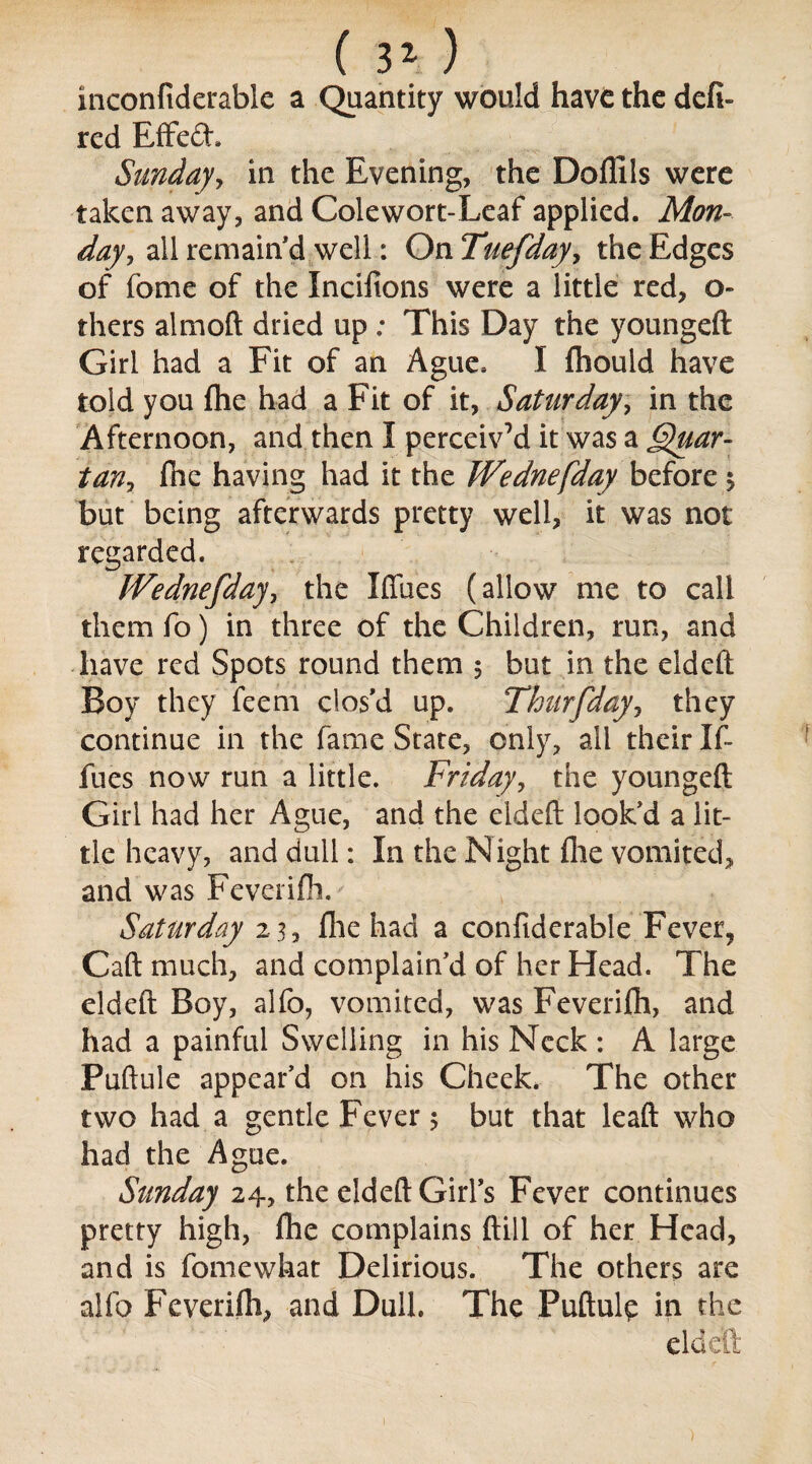 inconftderable a Quantity would have the defi- red EfFed. Sunday, in the Evening, the Doflils were taken away, and Colewort-Leaf applied. Mon¬ day, all remain'd well: On Tuefday, the Edges of feme of the Incifions were a little red, o~ thers aim oft dried up : This Day the youngeft Girl had a Fit of an Ague* I fhould have told you (he had a Fit of it, Saturday, in the Afternoon, and then I perceiv’d it was a Quar¬ tan, flic having had it the Wednefday before ; but being afterwards pretty well, it was not regarded. Wednesday, the Hues (allow me to call them fo) in three of the Children, run, and have red Spots round them $ but in the eldeft Boy they feem dos'd up. Thurfday^ they continue in the fame State, only, ail their If- fues now run a little. Friday, the youngeft Girl had her Ague, and the eldeft look’d a lit¬ tle heavy, and dull: In the Night file vomited, and was Feverifh. Saturday 23, file had a confiderable Fever, Gaft much, and complain’d of her Head. The eldeft Boy, alfo, vomited, was Feverifh, and had a painful Swelling in his Neck : A large Puftule appear’d on his Cheek. The other two had a gentle Fever 3 but that leaft who had the Ague. Sunday 24, the eldeft Girl’s Fever continues pretty high, fhe complains ftill of her Head, and is fomewhat Delirious. The others are alfo Feverifti, and Dull. The Puftule in the