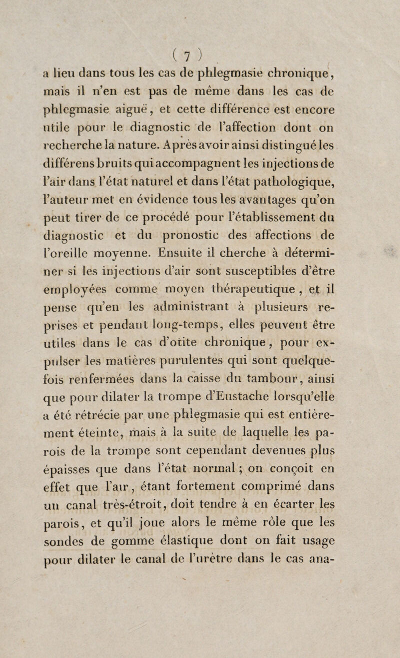 a lieu dans tous les cas de phlegrnasie chronique, mais il n’en est pas de meme dans les cas de phlegrnasie aigue, et cette différence est encore utile pour le diagnostic de l’affection dont on recherche la nature. Après avoir ainsi distingué les différens bruits qui accompagnent les injections de l’air dans l’état naturel et dans l’état pathologique, l’auteur met en évidence tous les avantages qu’on peut tirer de ce procédé pour l’établissement du diagnostic et du pronostic des affections de l’oreille moyenne. Ensuite il cherche à détermi¬ ner si les injections d’air sont susceptibles d’être employées comme moyen thérapeutique , et il pense qu’en les administrant à plusieurs re¬ prises et pendant long-temps, elles peuvent être utiles dans le cas d’otite chronique , pour ex¬ pulser les matières purulentes qui sont quelque¬ fois renfermées dans la caisse du tambour, ainsi que pour dilater la trompe d’Eustache lorsqu’elle a été rétrécie par une phlegrnasie qui est entière¬ ment éteinte, mais à la suite de laquelle les pa¬ rois de la trompe sont cependant devenues plus épaisses que dans l’état normal ; on conçoit en effet que l’air, étant fortement comprimé dans un canal très-étroit, doit tendre à en écarter les parois, et qu’il joue alors le même rôle que les sondes de gomme élastique dont on fait usage pour dilater le canal de l’urètre dans le cas ana-