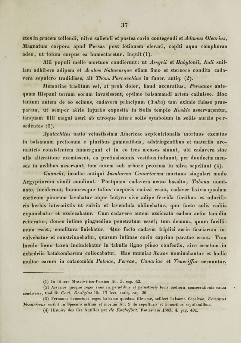 ctosin crucem tollendi, nitro saliendi et postea corio contegendi et Adamus Olearius, Magnatum corpora apud Persas post lotionem elevari, capiti aqua camphorae adeo, ut totum corpus ea humectaretur, inquit (1). Alii populi meile mortuos condierunt: ut Assyrii et Babylonii, Indi suil¬ lam adhibere adipem et Arabes Sabaeosque etiam limo et stercore condita cada¬ vera sepulcro tradidisse, ait T/tom. Porcaccbius in funer. antiq. (2). Memoriae traditum est, at proh dolor, haud accuratius, Peruanos ante¬ quam Hispani terram eorum invasissent, optime balsamandi artem calluisse. Hoc tantum autem de eo scimus, cadavera principum (Ynka) tam eximie fuisse prae¬ parata, ut semper aeris injuriis exposita in Solis templo Kuskis asservarentur, tanquam lilii magni astri ab utroque latere solis symbolum in sellis aureis per¬ sedentes (3). Apalachites natio vetustissima Americae septentrionalis mortuos exemtos in balsamum pretiosum e pluribus gummatibus, adstringentibus et materiis aro¬ maticis consistentem immergunt et in eo tres menses sinunt, ubi cadavera sine ulla alteratione exemissent, ea pretiosissimis vestibus induunt, per duodecim men¬ ses in aedibus asservant, tum autem sub arbore proxima in silva sepeliunt (4). Guanchi, insulae antiqui Insularum Canariarum mortuos singulari modo Aegyptiorum simili condiunt. Postquam cadavera acuto basalto, Tabona nomi¬ nato, inciderunt, humoresque totius corporis emissi erant, cadaver lixivia quadam corticum pinorum lavabatur atque butyro sive adipe fervida fortibus et odorife¬ ris herbis intermixtis ut salvia et lavendula oblinebatur, quo facto solis radiis exponebatur et exsiccabatur. Cum cadavere autem exsiccato eadem actio tam diu reiteratur, donec intime pinguedine penetratum esset; tum demum, quum facilli¬ mum esset, conditura finiebatur. Quo facto cadaver triplici serie fasciarum in¬ volvebatur et constringebatur, quarum intimae corio caprino paratae erant. Tum loculo ligno taxeo includebatur in tabulis ligno pineo confectis, sive erectum in exhedriis katakombarum collocabatur. Hae mundae Xaxos nominabantur et hodie multae earum in catacombis Palmae, jFerrae, Canariae et Teneriffae cernuntur, (1) In itinere MuscOvilico-Persico lib. 5, cap. 42. (2) Assyrios quoque reges suos in paludibus et palustrosis locis melioris conservationis causa « condivisse, tradidit Coei. Rodigius lib. 17 lect. antiq. cap. 20. (3) Peruanos demortuos reges balsamo quodam illevisse, scilicet balsamo Copaivae, Erasmus Franciscus scribit in Speculo artium et moruin lib. 9 de Sepulturis et honoribus sepulcralibus. (4) Histoire des iles Anlilles par de Rochefort. Botlerdam 1665. 4. pag. 431.