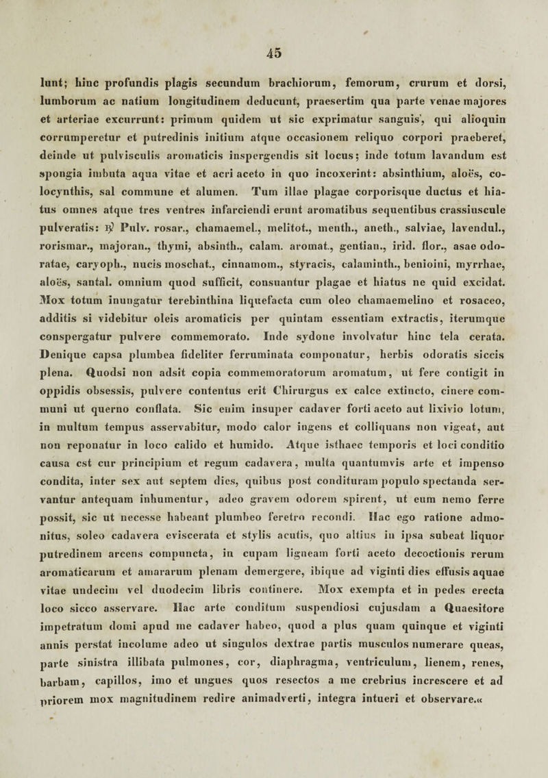 lunt; hinc profundis plagis secundum brachiorum, femorum, crurum et dorsi, lumborum ac natium longitudinem deducunt, praesertim qua parte venae majores et arteriae excurrunt: primum quidem ut sic exprimatur sanguis’, qui alioquin corrumperetur et putredinis initium atque occasionem reliquo corpori praeberet, deinde ut pulvisculis aromaticis inspergendis sit locus; inde totum lavandum est spongia imbuta aqua vitae et acri aceto in quo incoxerint: absinthium, aloes, co¬ locynthis, sal commune et alumen. Tum illae plagae corporisque ductus et hia¬ tus omnes atque tres ventres infarciendi erunt aromatibus sequentibus crassiuscule pulveratis: 9? Pulv. rosar., chamaemel., melitot., menth., aneth., salviae, lavendul., rorismar., majoran., thymi, absinth., calam. aromat., gentian., irid. flor., asae odo¬ ratae, caryoph., nucis moschat., cinnamom., styracis, calaminth., benioini, myrrhae, aloes, santal. omnium quod sufficit, consuantur plagae et hiatus ne quid excidat. Mox totum inungatur terebinthina liquefacta cum oleo chamaemelino et rosaceo, additis si videbitur oleis aromaticis per quintam essentiam extractis, iterumque conspergatur pulvere commemorato. Inde sydone involvatur hinc tela cerata. Denique capsa plumbea fideliter ferruminata componatur, herbis odoratis siccis plena. Quodsi non adsit copia commemoratorum aromatum, ut fere contigit in oppidis obsessis, pulvere contentus erit Chirurgus ex calce extincto, cinere com¬ muni ut querno conflata. Sic enim insuper cadaver forti aceto aut lixivio lotum, in multum tempus asservabitur, modo calor ingens et colliquans non vigeat, aut non reponatur in loco calido et humido. Atque isthaec temporis et loci conditio causa est cur principium et regum cadavera, multa quantumvis arte et impenso condita, inter sex aut septem dies, quibus post condituram populo spectanda ser¬ vantur antequam inhumentur, adeo gravem odorem spirent, ut eum nemo ferre possit, sic ut necesse habeant plumbeo feretro recondi. Hac ego ratione admo¬ nitus, soleo cadavera eviscerata et stylis acutis, quo altius in ipsa subeat liquor putredinem arcens compuncta, in cupam ligneam forti aceto decoctionis rerum aromaticarum et amararum plenam demergere, ibique ad viginti dies effusis aquae vitae undecim vel duodecim libris continere. Mox exempta et in pedes erecta loco sicco asservare. Ilac arte conditum suspendiosi cujusdam a Quaesitore impetratum domi apud me cadaver habeo, quod a plus quam quinque et viginti annis perstat incolume adeo ut singulos dextrae partis musculos numerare queas, parte sinistra illibata pulmones, cor, diaphragma, ventriculum, lienem, renes, barbam, capillos, imo et ungues quos resectos a me crebrius increscere et ad priorem mox magnitudinem redire animadverti, integra intueri et observare.«