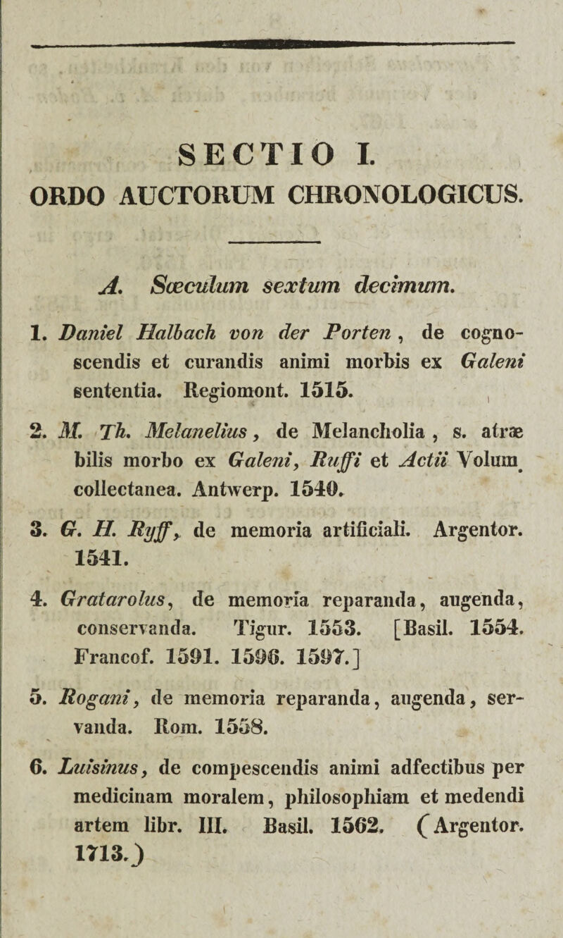 SECTIO I. t ' ORDO AUCTORUM CHRONOLOGICUS. A. Saeculum sextum decimum. 1. Daniel Halbach von der Porten , de cogno¬ scendis et curandis animi morbis ex Galeni sententia. Regiomont. 1515. 2. M. Th. Melanelius, de Melancholia , s. atrae bilis morbo ex Galeni, Ruffi et Actii Volum collectanea. Antwerp. 1510. 3. G. H. Ryffy de memoria artificiali. Argentor. 1541. 4. Gratarolus, de memoria reparanda, augenda, conservanda. Tigur. 1553. [Basii. 1554. Francof. 1501. 1500. 1507.] 5. Rogani, de memoria reparanda, augenda, ser¬ vanda. Rom. 1558. 6. Luisinus, de compescendis animi adfectibus per medicinam moralem, philosophiam et medendi artem libr. III, Basii. 1562. ([Argentor. 1713.)