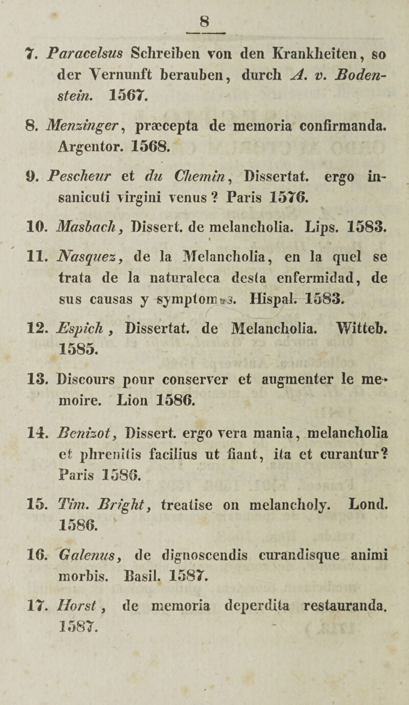 7. Paracelsus Sclireiben von den Krankheiten, so der Vernunft berauben, durch A. v. Boden- stein. 1567. 8. Menzinger, praecepta de memoria confirmanda. Argentor. 1568. 9. Pescheur et du diem In, Dissertat, ergo in- sanicuti virgini venus ? Paris 1576. 10. Masbacli, Disseri, de melancholia. Lips. 1583. i ✓ 11. Nasquez, de la Melancholia, en la quel se trata de la naturaleca desta enfermidad, de sus causas y symptoma. Hispal. 1583. 12. Espich , Dissertat, de Melancholia. Witteb. 1585. 13. Discours pour conserver et augmenter le me* moire. Lion 1586. 14. Benizot, Dissert. ergo vera mania, melancholia et phrenitis facilius ut liant, ita et curantur? Paris 1586. 15. Tim. Bright, treatise on melancholy. Lond. 1586. v 16. Galenusy de dignoscendis curandisque animi morbis. Basii. 1587. 17. Horst, de memoria deperdita restauranda. 1587.