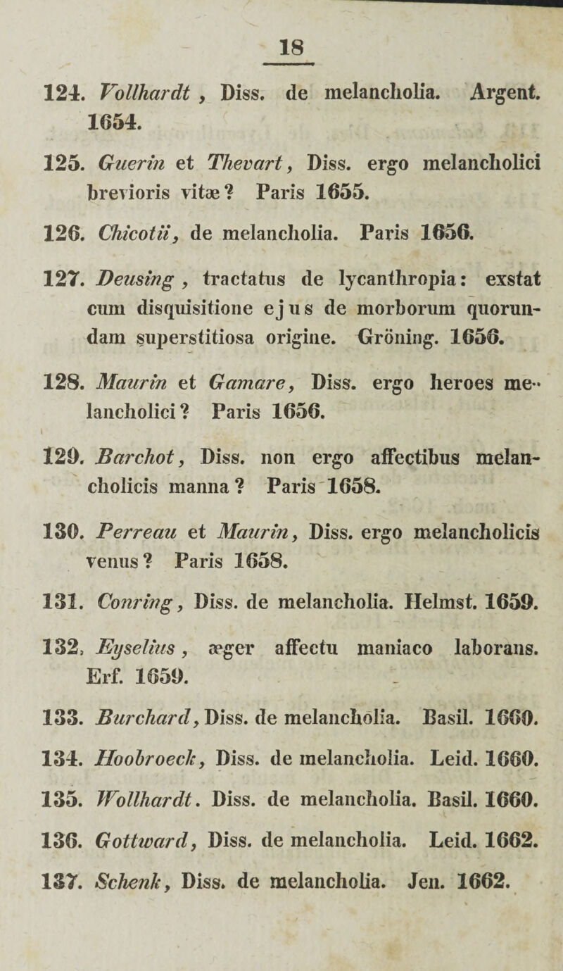 124. Vollhardt , Diss. de melancholia. Argent. 1654. 125. Gnerin et Thevart, Diss. ergo melancholici brevioris vitae? Paris 1655. 126. Chicotii, de melancholia. Paris 1656. 127. Beusing , tractatus de lycanthropia: exstat cum disquisitione ej u s de morborum quoran¬ dam superstitiosa origine. Groning. 1656. 128. Mciurin et Gamare, Diss. ergo heroes me¬ lancholici ? Paris 1656. 120. Bcirchot, Diss. non ergo affectibus melan¬ cholicis manna ? Paris 1658. 130. Perrectu et Mciarin, Diss. ergo melancholicis venus? Paris 1658. 131. Corning, Diss. de melancholia. Helmst. 1659. 132. Eyselins, aeger affectu maniaco laborans. Erf. 1650. 133. Burchardy Diss. de melancholia. Basii. 1660. 134. Hoobroeclc, Diss. de melancholia. Leid. 1660. 135. Wollhardt. Diss. de melancholia. Basii. 1660. 136. Gottward, Diss. de melancholia. Leid. 1662. 137. Schenk, Diss» de melancholia. Jen. 1662.