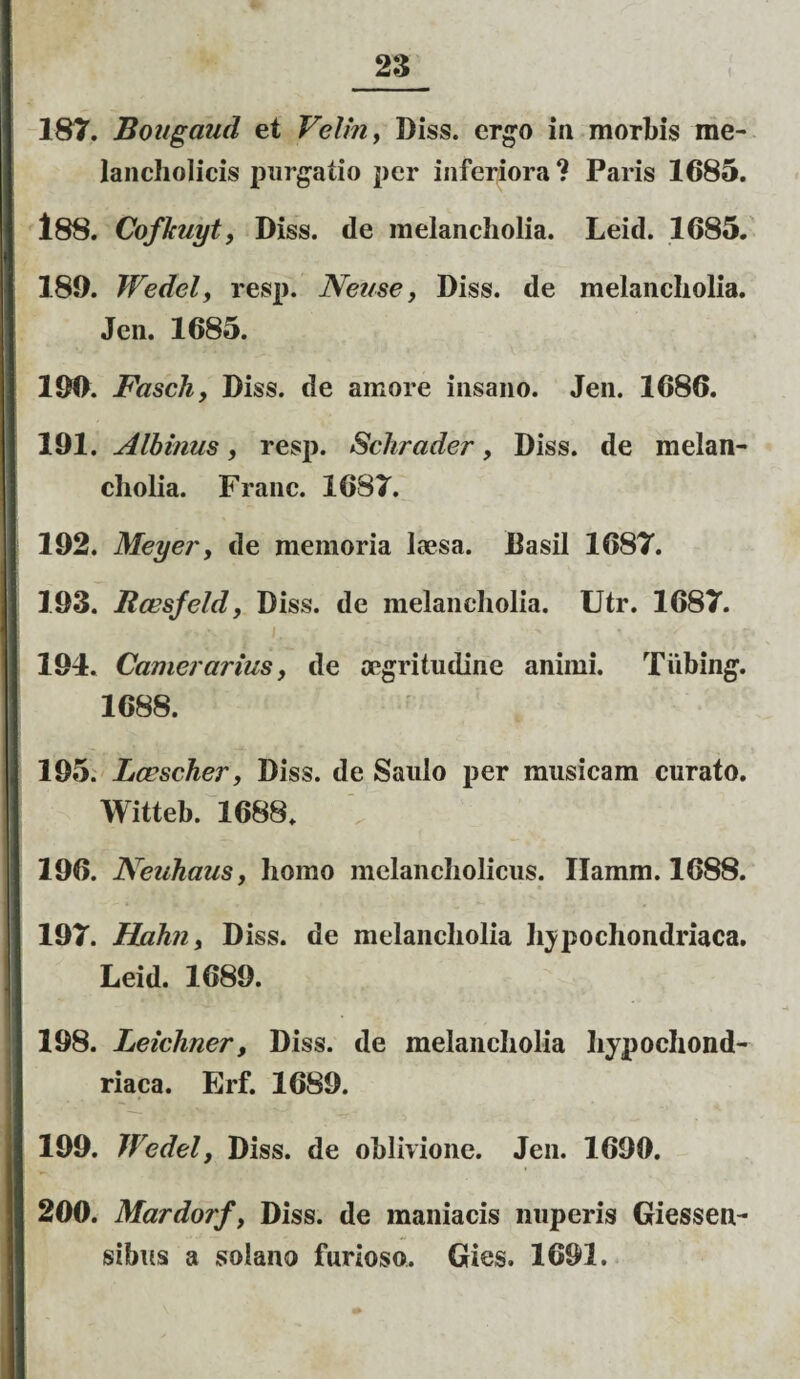 187. Bougaud et Velin, Diss. ergo ia morbis me¬ lancholicis purgatio per inferiora ? Paris 1685. 188. Cofkuyt, Diss. de melancholia. Leid. 1685. 189. Wedel, resp. Neuse, Diss. de melancholia. Jen. 1685. 190. Fascli, Diss. de amore insano. Jen. 1686. 191. Albinus, resp. Schrader, Diss. de melan¬ cholia. Franc. 1687. 192. Meyer, de memoria laesa. Basii 1687. 193. Itcesfeld, Diss. de melancholia. Utr. 1687. 194. Carnei arius, de aegritudine animi. Tiibing. 1688. 195. Lcescher, Diss. de Saulo per musicam curato. Witteb. 1688. 196. Neuhaus, homo melancholicus. Ilainm. 1688. 197. Hahiiy Diss. de melancholia hypochondriaca. Leid. 1689. 198. Leichner, Diss. de melancholia hypochond¬ riaca. Erf. 1689. 199. Wedel, Diss. de oblivione. Jen. 1690. 200. Mardorf, Diss. de maniacis nuperis Giessen- sibus a solano furioso. Gies. 1691.