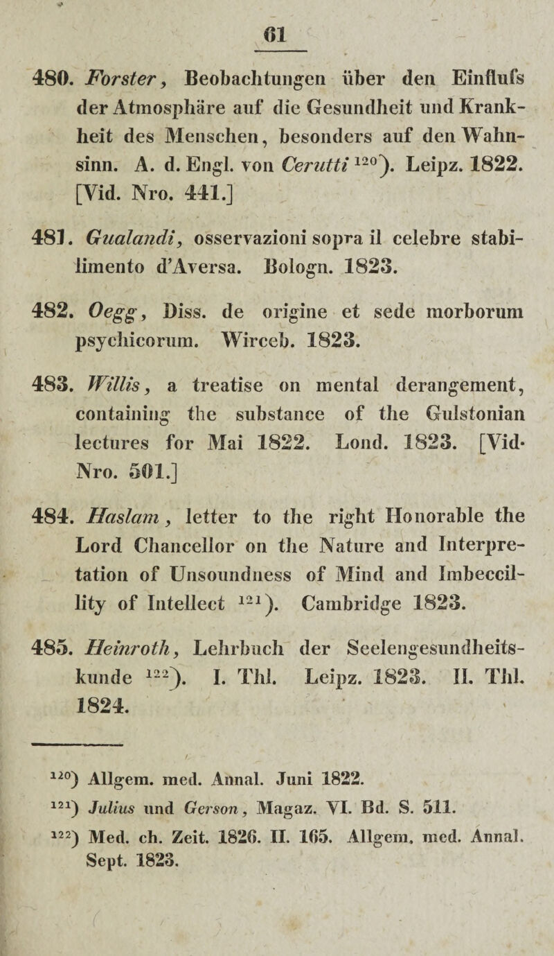 480. Forster, Beobachtungen uber den Einflufs der Atmosphare auf die Gesundheit undKrank- heit des Menschen, besonders auf denWahn- sinn. A. d. Engl. von Cenitti 120). Leipz. 1822. [Vid. Nro. 441.] 481. Gualcindi, osservazioni sopra il celebre stabi¬ limento d’Aversa. Bologn. 1823. 482. Oegg, Diss. de origine et sede morborum psychicorum. Wirceb. 1823. 483. Willis, a treatise on mental derangement, containing the substance of the Gulstonian lectures for Mai 1822. Lond. 1823. [Vid- Nro. 501.] 484. Hcislam, letter to the right Ilonorable the Lord Chancellor on the Nature and Interpre- tation of Unsoundness of Mind and Imbeccil- lity of Intellect 121). Cambridge 1823. 485. Heinroth, Lehrbuch der Seelengesundheits- kunde 122> I. Thl. Leipz. 1823. II. Thl. 1824. 12°) Allgem. meti. Annal. Juni 1822. 121) Julius und Gerson, Magaz, VI. Bd. S. 511. 122) Med. ch. Zeit. 1826. II. 165. Allgem. med. Annal. Sept. 1823.