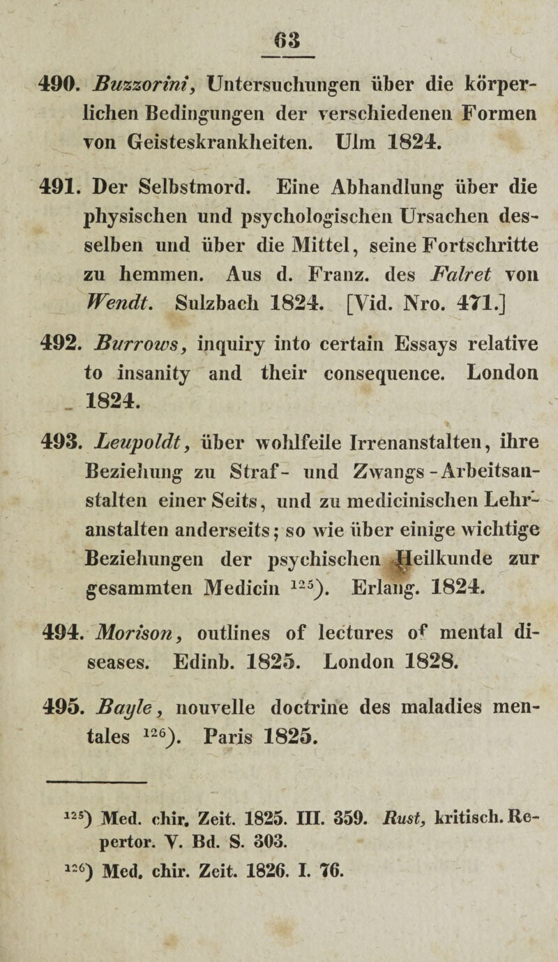 490. Buzzorini, Untersuchungen liber die korper- lichen Bedingungen der verschiedenen Formen von Geisteskrankheiten. Ulm 1824. 491. Der Selbstmord. Eine Abhandlung liber die physischen und psychologischen Ursachen des- selben und liber die Mittel, seine Fortschritte zu hemmen. Aus d. Franz. des Fcilret von Wendt. Sulzbacli 1824. [Vid. Nro. 471.] 492. Bitrrows, inquiry into certain Essays relative to insanity and their consequence. London . 1824. 493. Leupoldt, liber wohlfeile Irrenanstalten, ihre Beziehung zu Straf- und Zwangs - Arbeitsan- stalten einer Seits, und zu medicinischen Lehr- anstalten anderseits; so wie iiber einige wichtige Bezieliungen der psychischen JJeilkunde zur gesammten Medicin 123). Erlang. 1824. 494. Morison, outlines of lectures of mental di- seases. Edinb. 1825. London 1828. 495. Bayle, nouvelle doctrine des maladies men¬ tales 126). Paris 1825. 125) Med. chir. Zeit. 1825. III. 359. Rust, kritisch. Re¬ pertor. Y. Bd. S. 303. 126) Med. chir. Zeit. 1826. I. 76.