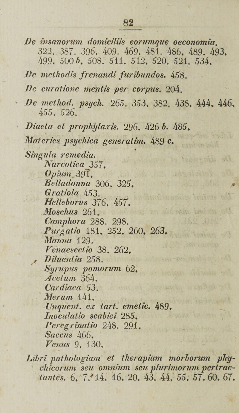 De insanorum domiciliis eorumque oeconomia. 322, 387, 396, 409, 469, 481, 486, 489, 493. 499, 500 6, 50S, 511, 512, 520, 521, 534. De methodis frenandi furibundos. 458, De curatione mentis per corpus. 204* De method. psych. 265, 353, 382, 438, 444, 446. 455, 526, Diaeta et prophylaxis. 296, 426 6. 485. Materies psychica gener atim. 489 c* Singula remedia. Narcotica 357, Opium. 391, Belladonna 306, 325, Gratiola 453, Helleborus 376, 457. Moschus 261. Camphora 2SS, 298, Purgatio 181, 252, 260, 263. Manna 129, Venae se dio 38, 262, y Diluentia 258, Syrupus pomorum 62, Acetum 364, Cardiaca 53, Merum 141, Unquent. ex tart. emetic. 489, Inoculatio scabiei 285, Peregrinatio 248, 291. Saccus 466, Venus 9, 130, Libri pathologiam et therapiam morborum phy- Chicorum seu omnium seu plurimorum pertrac¬ tantes. 6, 7/14, 16, 20, 43, 44, 55. 57,60, 67.