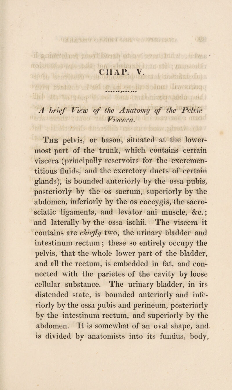 CHAP. V. A brief View of the Anatomy of the Pelvic Viscera. The pelvis,, or bason, situated at the lower¬ most part of the trunk, which contains certain viscera (principally reservoirs for the Accremen¬ titions fluids, and the excretory ducts of certain glands), is bounded anteriorly by the ossa pubis, posteriorly by the os sacrum, superiorly by the abdomen, interiorly by the os coccygis, the sacro- sciatic ligaments, and levator ani muscle, &c.; and laterally by the ossa ischii. The viscera it contains are chiefly two, the urinary bladder and intestinum rectum ; these so entirely occupy the pelvis, that the whole lower part of the bladder, and all the rectum, is embedded in fat, and con¬ nected with the parietes of the cavity by loose cellular substance. The urinary bladder, in its distended state, is bounded anteriorly and inte¬ riorly by the ossa pubis and perineum, posteriorly by the intestinum rectum, and superiorly by the abdomen. It is somewhat of an oval shape, and is divided by anatomists into its fundus, body.