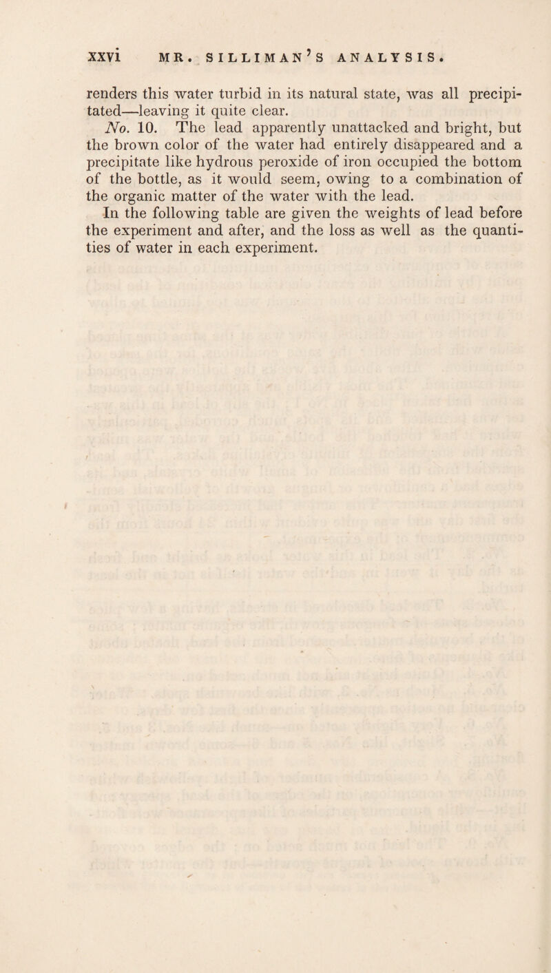 renders this water turbid in its natural state, was all precipi¬ tated—leaving it quite clear. No. 10. The lead apparently unattached and bright, but the brown color of the water had entirely disappeared and a precipitate like hydrous peroxide of iron occupied the bottom of the bottle, as it would seem, owing to a combination of the organic matter of the water with the lead. In the following table are given the weights of lead before the experiment and after, and the loss as well as the quanti¬ ties of water in each experiment.